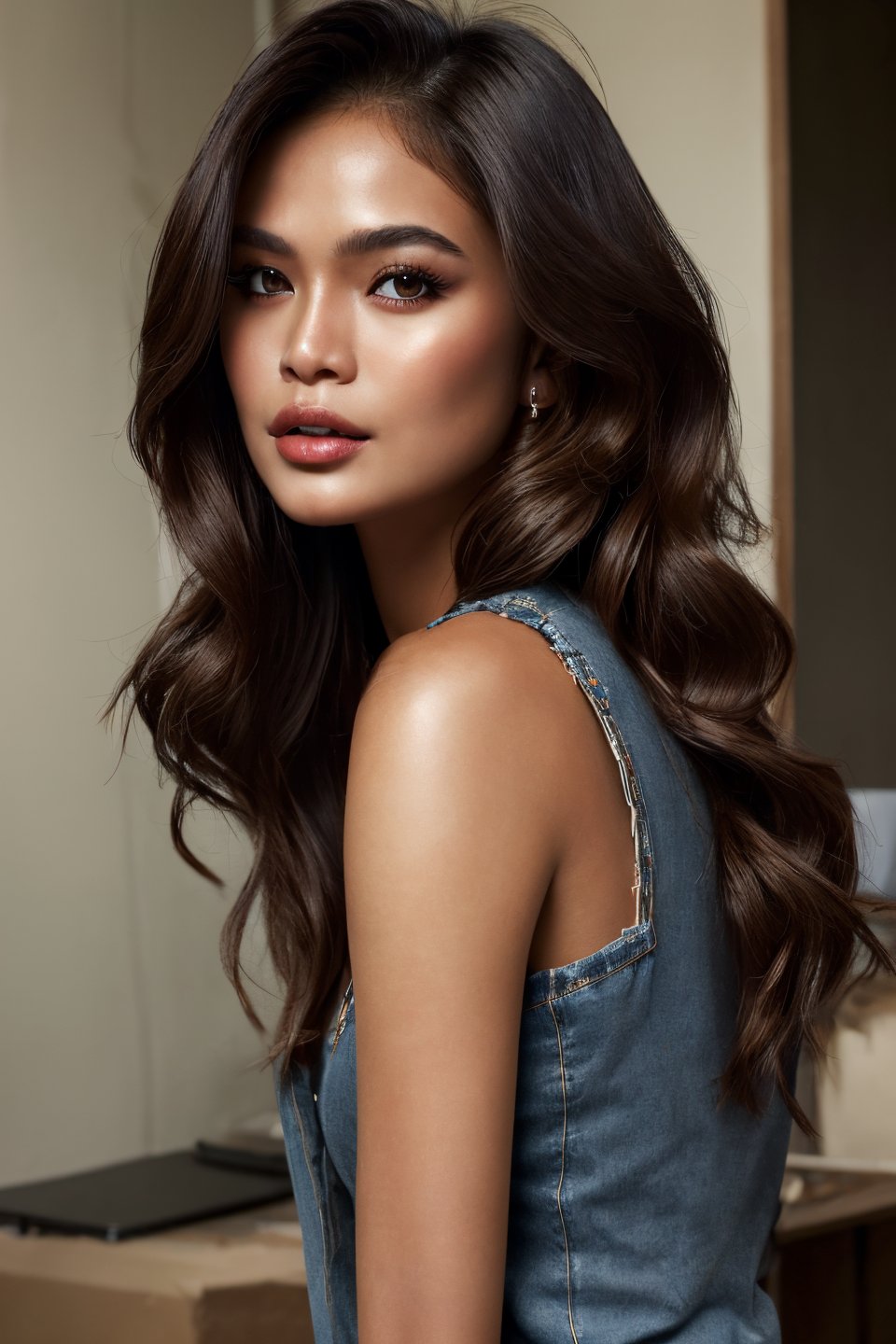 (Best Quality, High Resolution, Masterpiece: 1.3), a beautiful Filipina woman, dark brown hair, loose wavy shape, details of face and skin texture beautifully presented, detailed eyes, double eyelids, skinny jeans, industrial city,photorealistic,girlvn,1 girl,Masterpiece