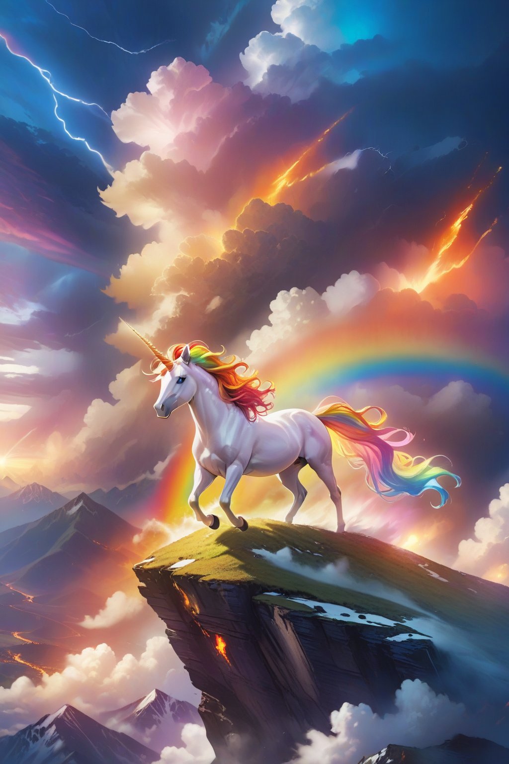 A fierce rainbow unicorn with a fiery mane and glowing eyes, standing atop a mountain peak as a storm rages in the background.