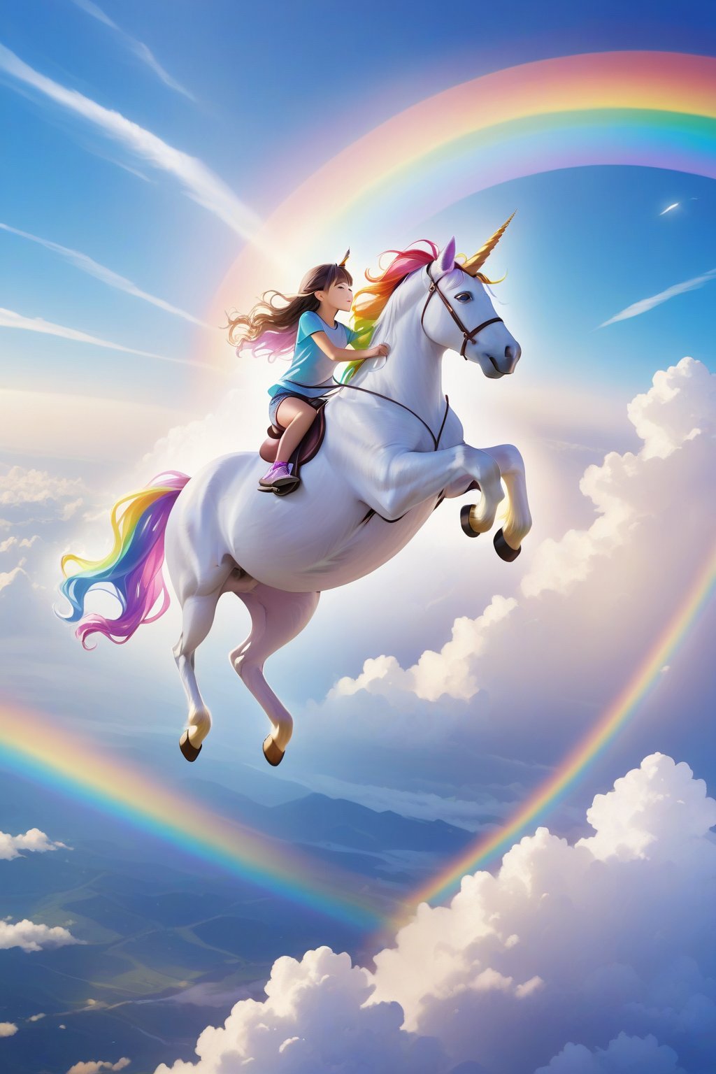 An interesting and visually descriptive prompt of a girl riding a rainbow unicorn, with the unicorn's horn glowing with a rainbow of colors as they soar through the clouds.