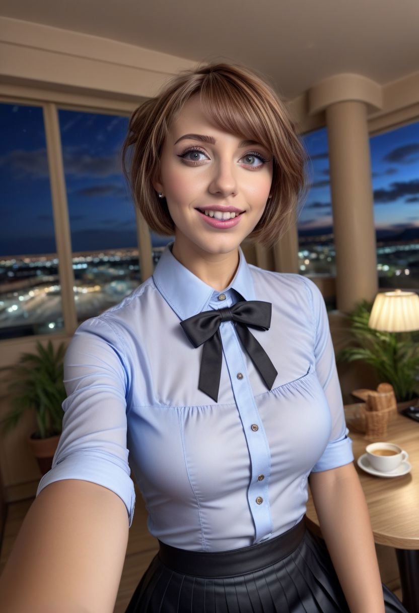 (8k, RAW photo, best quality, masterpiece:1.2), (realistic, photo-realistic:1.37), ultra-detailed,1 girl, cute, solo, beautiful detailed sky, detailed cafe, night, sitting, dating,(smile:1.1),(closed mouth)medium breasts, detailed face, detailed eyes, (collared shirt:1.1), bowtie, pleated skirt, (short hair:1.2),