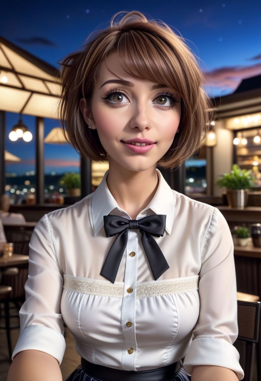(8k, RAW photo, best quality, masterpiece:1.2), (realistic, photo-realistic:1.37), ultra-detailed,1 girl, cute, solo,beautiful detailed sky,detailed cafe, night, sitting, dating,(smile:1.1),(closed mouth)medium breasts, detailed face, detailed eyes, (collared shirt:1.1), bowtie, pleated skirt, (short hair:1.2),
