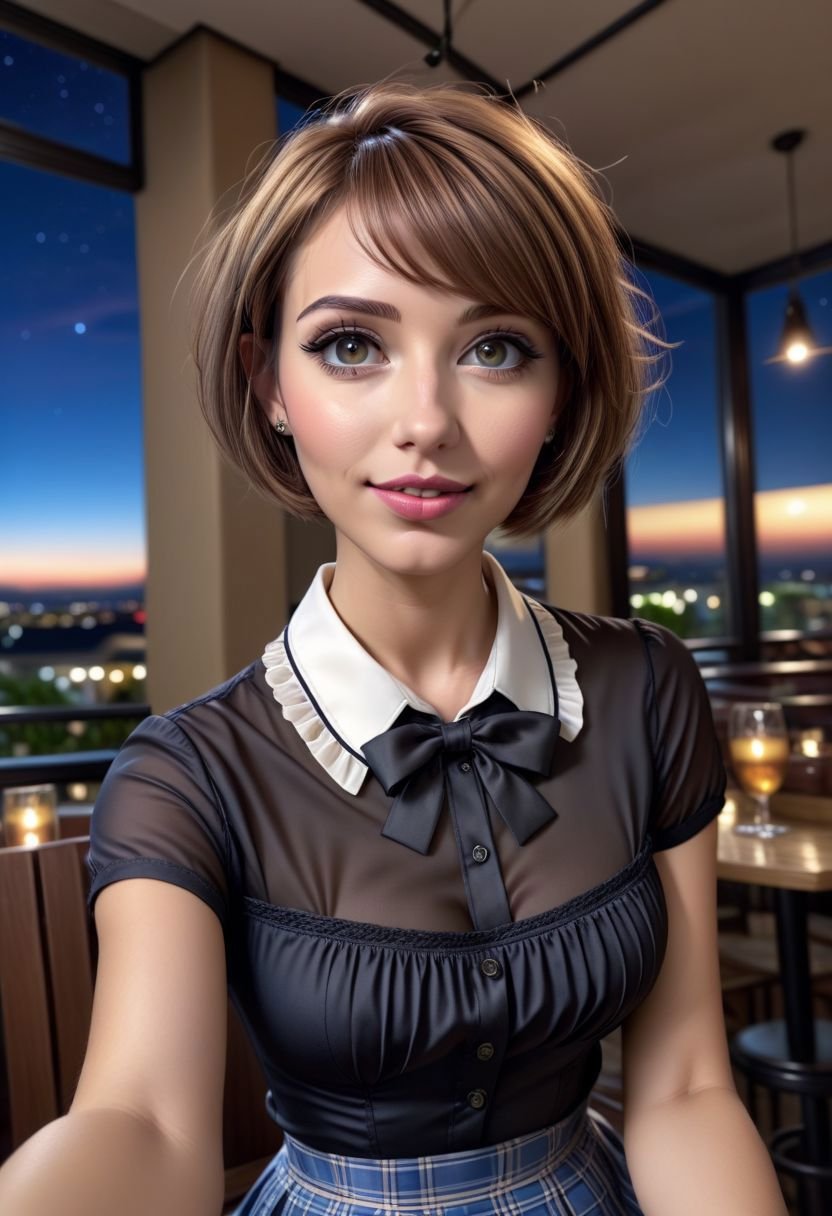 (8k, RAW photo, best quality, masterpiece:1.2), (realistic, photo-realistic:1.37), ultra-detailed,1 girl, cute, solo,beautiful detailed sky,detailed cafe, night, sitting, dating,(smile:1.1),(closed mouth)medium breasts, detailed face, detailed eyes, (collared shirt:1.1), bowtie, pleated skirt, (short hair:1.2),