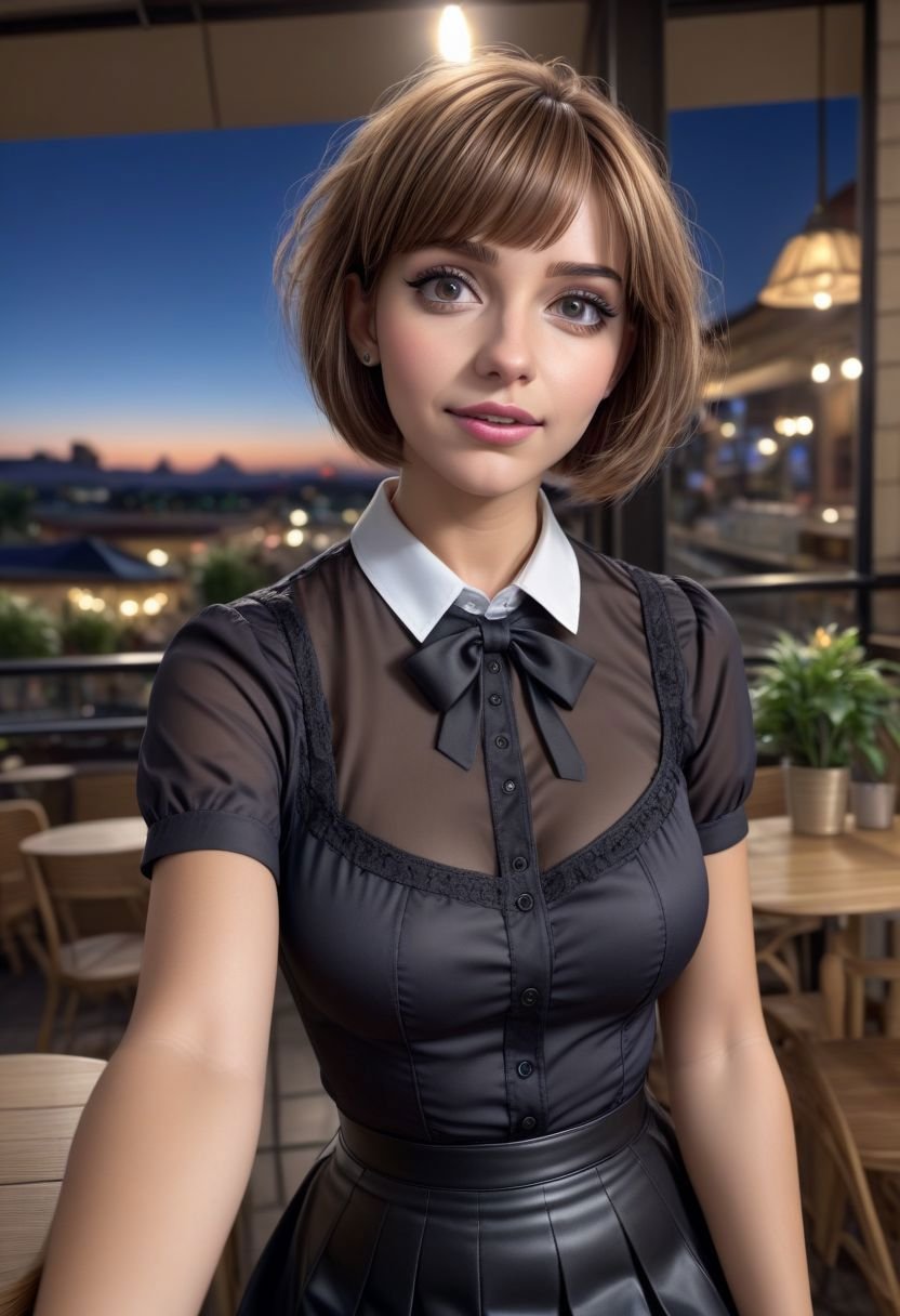 (8k, RAW photo, best quality, masterpiece:1.2), (realistic, photo-realistic:1.37), ultra-detailed,1 girl, cute, solo, beautiful detailed sky, detailed cafe, night, sitting, dating,(smile:1.1),(closed mouth)medium breasts, detailed face, detailed eyes, (collared shirt:1.1), bowtie, pleated skirt, (short hair:1.2),