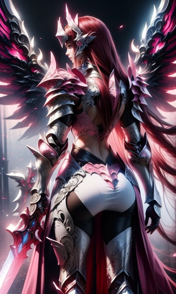 Character design, 1 girl, warrior of Xian, slim body, medium chest, skinny waist, ((long deep red hair)). blue eyes. (((pink fantasy a female knight in a pink full armor))), (((big pauldrons, intricate details))), (((large armor wings))), (((advanced weapon fantasy plasma sword in right hand))), (standing), ((back body view)), plain gray background, masterpiece, HD high quality, 8K ultra high definition, ultra definition,