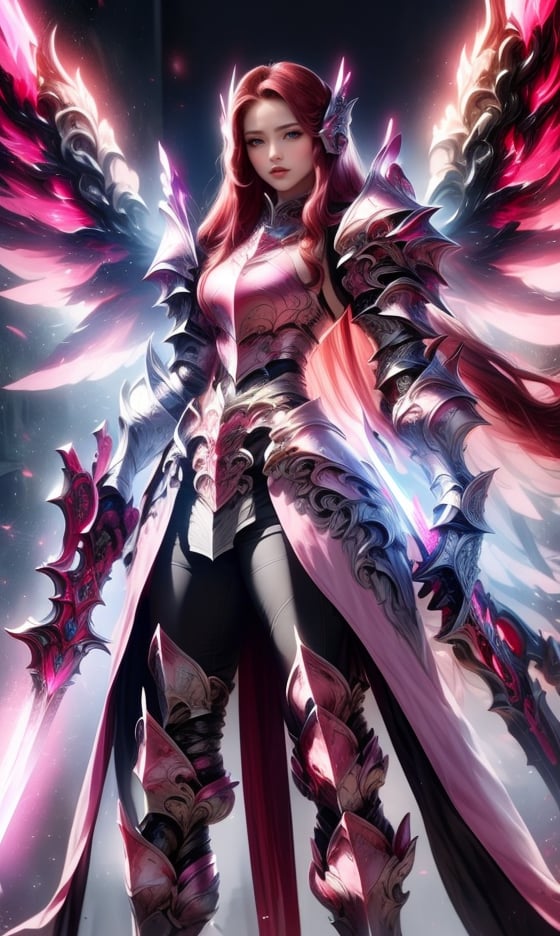 Character design, 1 girl, warrior of Xian, slim body, medium chest, skinny waist, ((long deep red hair)). blue eyes. (((pink fantasy a female knight in a pink full armor))), (((big pauldrons, intricate details))), (((large armor wings))), (((advanced weapon fantasy plasma sword in right hand))), (standing), ((front view)), plain gray background, masterpiece, HD high quality, 8K ultra high definition, ultra definition,