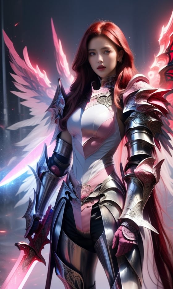 Character design, 1 girl,, slim body, medium chest, skinny waist, ((long deep red hair)). blue eyes. (((pink fantasy a female knight in a pink full armor))), (((big pauldrons, intricate details))), (((large armor wings))), (((advanced weapon fantasy plasma sword in right hand))), (standing), ((front view)), plain gray background, masterpiece, HD high quality, 8K ultra high definition, ultra definition,