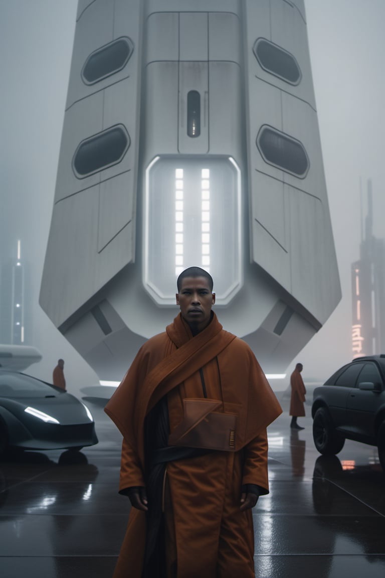 close-up of asian monk standing infront of futuristic white spaceship in the middle of dystopian city during an overcast day, atmosphere is dark and ominous, with a misty environment and low contrast muted color tones. shot on a 500mm zoom lens, with a shallow depth of field, creating a lens flare,  background is a silhouette of buildings, shrouded in atmospheric fog, dramatic lighting, cinematic asthetic, captured in 4K UHD, captivating visuals, inspired by blade runner 2049 movie still,more detail XL