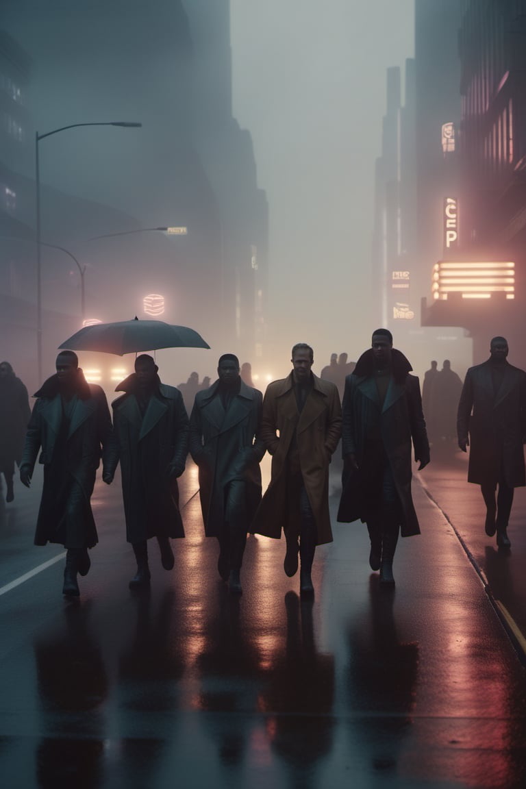 candid, extreme closeup shot of humanoids crossing road in the dystopian city during an overcast day, atmosphere is dark and ominous, with a misty environment and low contrast muted color tones. shot on a 500mm zoom lens, with a shallow depth of field, creating a lens flare,  background is a silhouette of buildings, shrouded in atmospheric fog, dramatic lighting, cinematic asthetic, captured in 4K UHD, captivating visuals, inspired by blade runner 2049 movie still,more detail XL