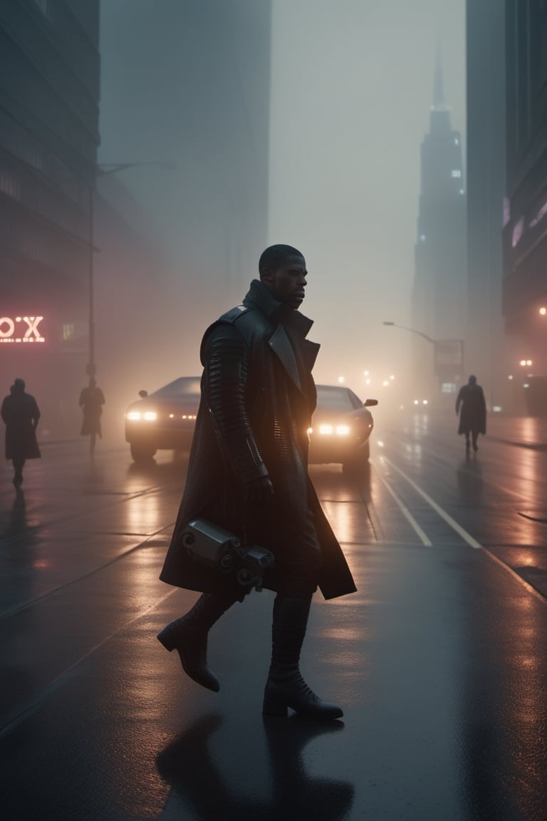 candid, extreme closeup shot of cyborg crossing road in the dystopian city during an overcast day, atmosphere is dark and ominous, with a misty environment and low contrast muted color tones. shot on a 500mm zoom lens, with a shallow depth of field, creating a lens flare,  background is a silhouette of buildings, shrouded in atmospheric fog, dramatic lighting, cinematic asthetic, captured in 4K UHD, captivating visuals, inspired by blade runner 2049 movie still,more detail XL