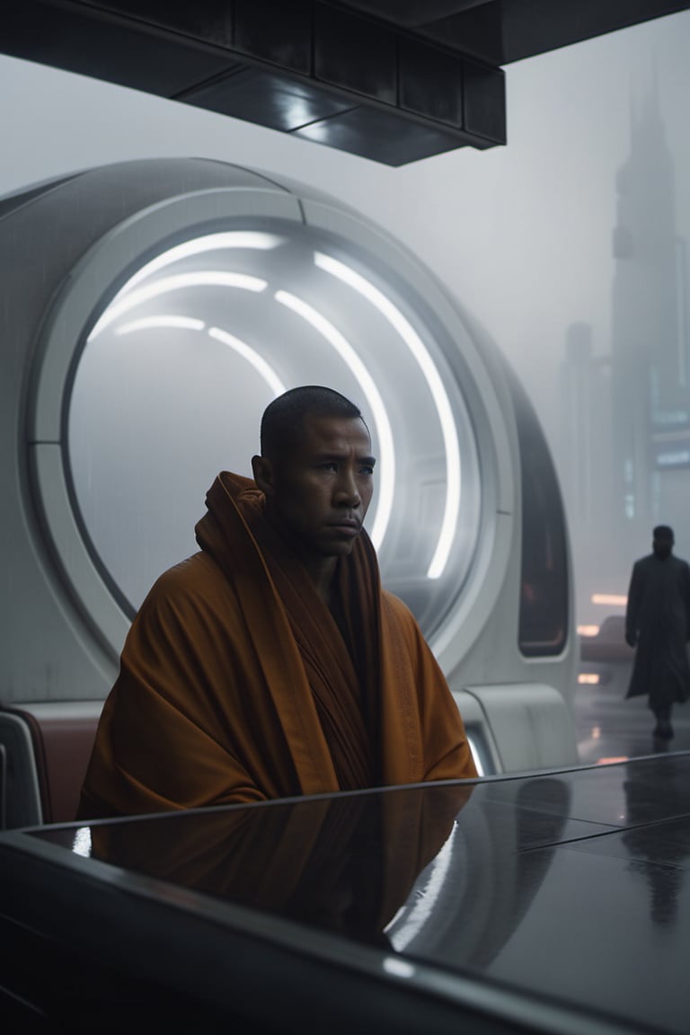 close-up of asian monk sitting inside futuristic white metro in the dystopian city during an overcast day, atmosphere is dark and ominous, with a misty environment and low contrast muted color tones. shot on a 500mm zoom lens, with a shallow depth of field, creating a lens flare,  background is a silhouette of buildings, shrouded in atmospheric fog, dramatic lighting, cinematic asthetic, captured in 4K UHD, captivating visuals, inspired by blade runner 2049 movie still,more detail XL