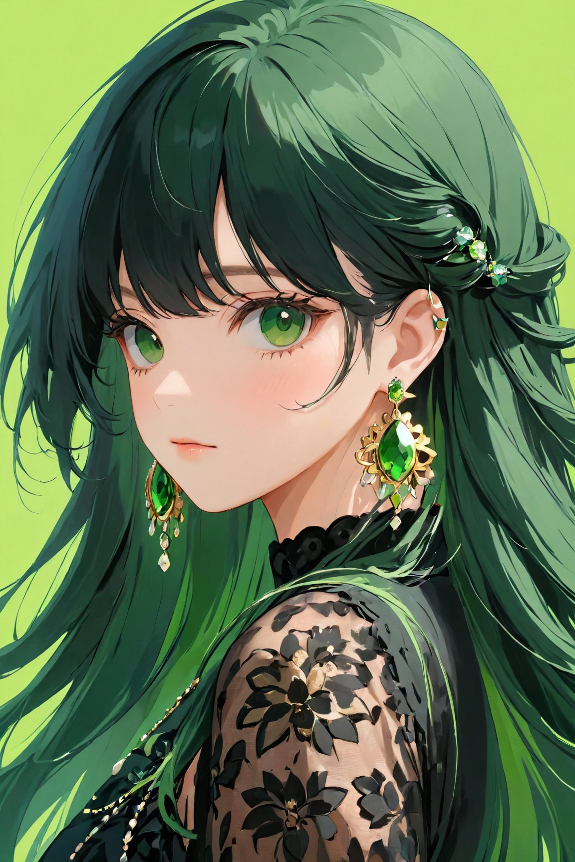 (best quality, 4k, 8k, highres, masterpiece:1.5), ultra-detailed,anime, 1girl,solo,long hair,looking at viewer,bangs,black hair,jewelry,green eyes,upper body,earrings,green hair,green background,green theme