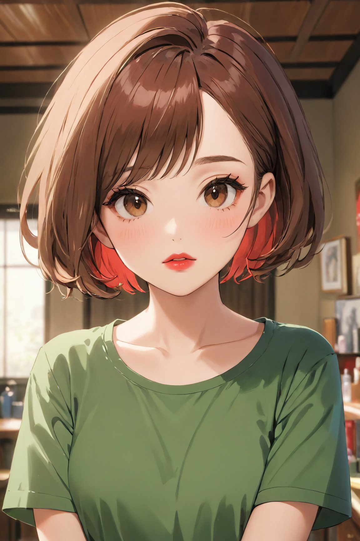 (best quality, 4k, 8k, highres, masterpiece:1.5), ultra-detailed,anime, 1girl,solo,looking at viewer,blush,short hair,brown hair,shirt,brown eyes,upper body,parted lips,indoors,medium hair,lips,makeup,lipstick,portrait,green shirt,red lips