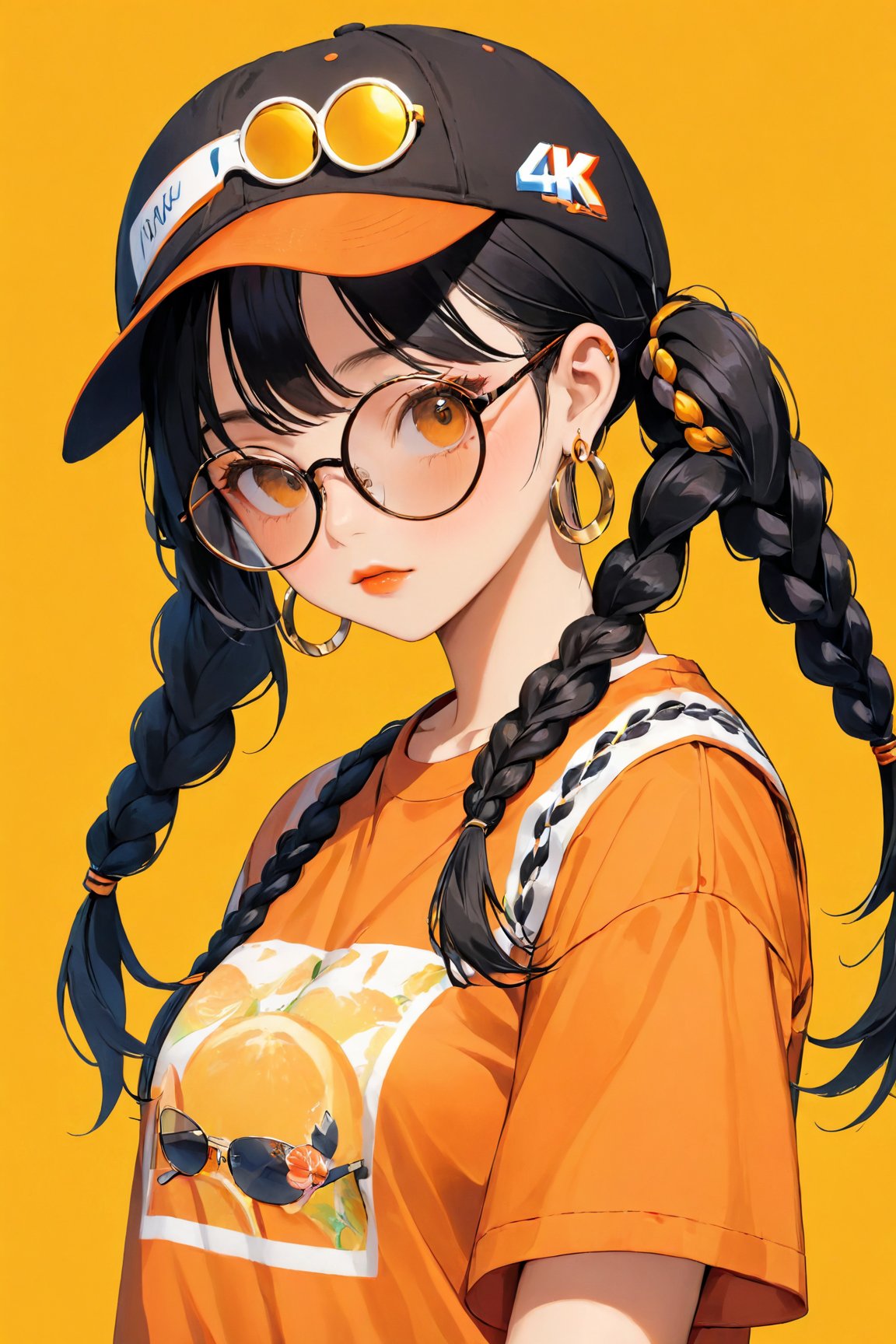(best quality, 4k, 8k, highres, masterpiece:1.5), ultra-detailed,anime, 1girl,solo,long hair,looking at viewer,bangs,shirt,black hair,hat,twintails,jewelry,upper body,braid,short sleeves,earrings,glasses,twin braids,sunglasses,clothes writing,baseball cap,yellow background,hoop earrings,round eyewear,orange background,red lips,print shirt,tinted eyewear,orange shirt,orange theme