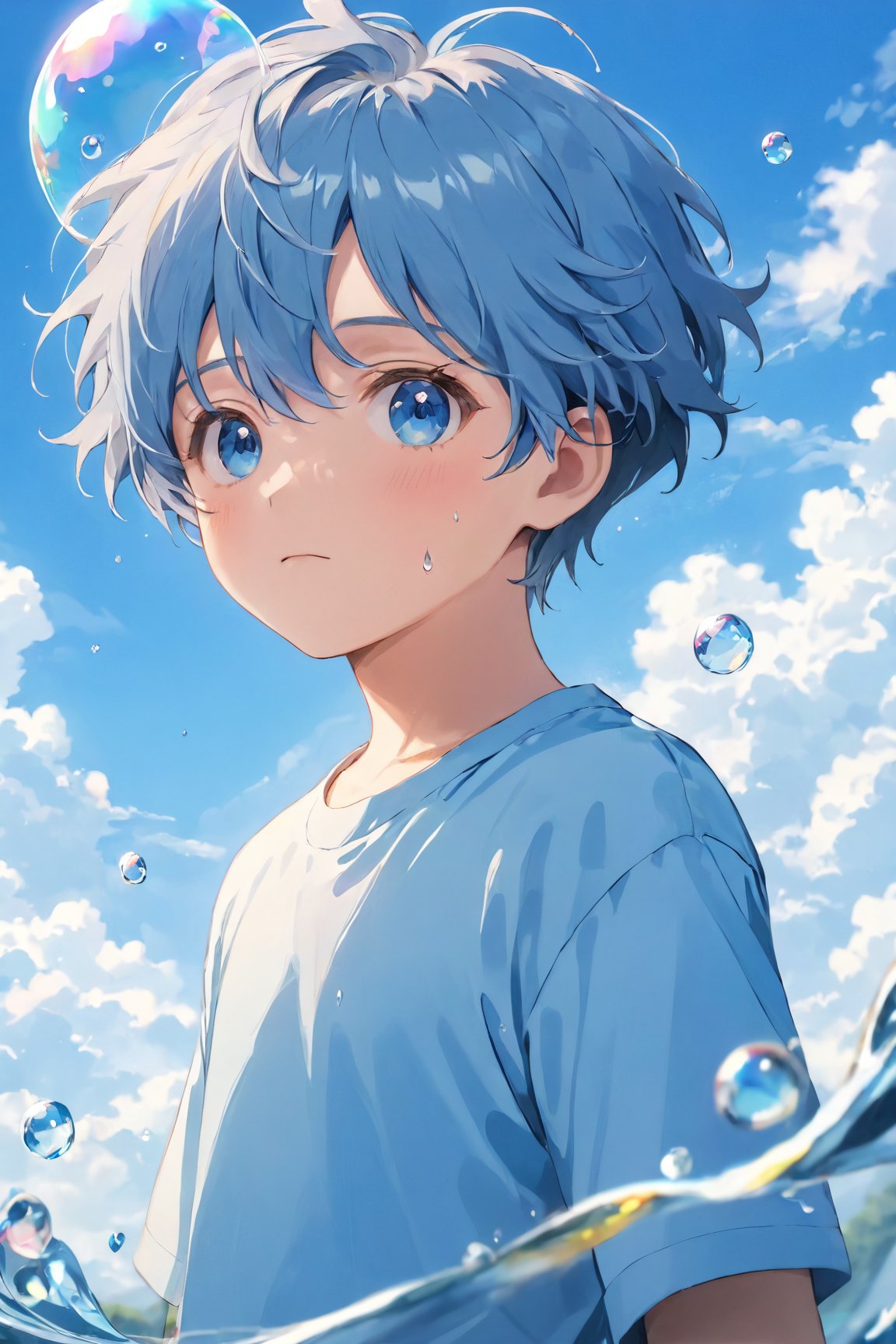 (best quality, 4k, 8k, highres, masterpiece:1.5), ultra-detailed,anime, solo,looking at viewer,blush,short hair,blue eyes,shirt,1boy,blue hair,upper body,male focus,outdoors,sky,day,cloud,water,blue sky,cloudy sky,blue shirt,child,bubble,water drop,male child