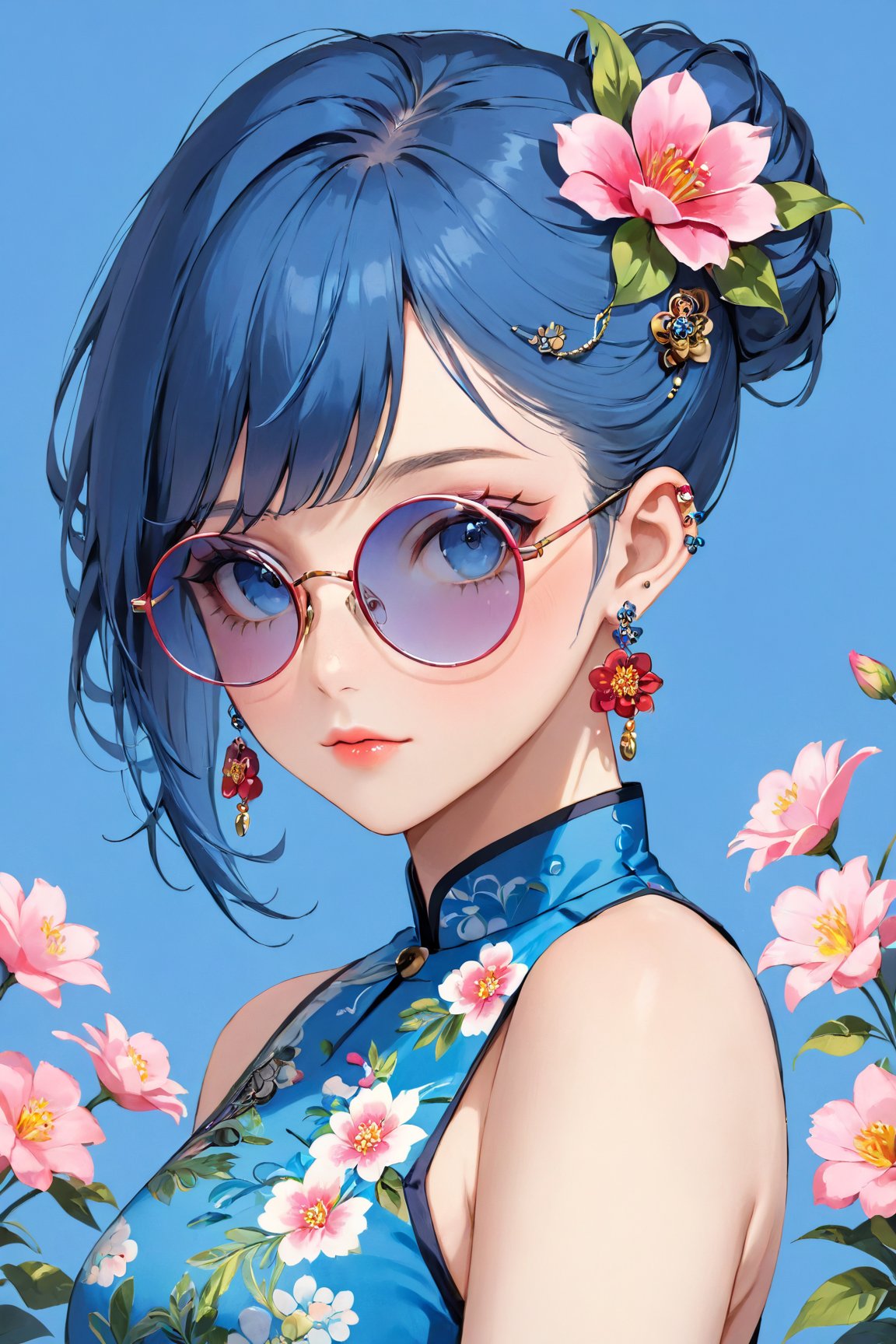 (best quality, 4k, 8k, highres, masterpiece:1.5), ultra-detailed,anime, 1girl,solo,looking at viewer,short hair,bangs,blue eyes,hair ornament,bare shoulders,jewelry,blue hair,upper body,flower,earrings,glasses,sleeveless,hair flower,medium hair,off shoulder,hair bun,lips,tattoo,blue background,chinese clothes,piercing,floral print,sunglasses,ear piercing,round eyewear,tinted eyewear,pink-tinted eyewear