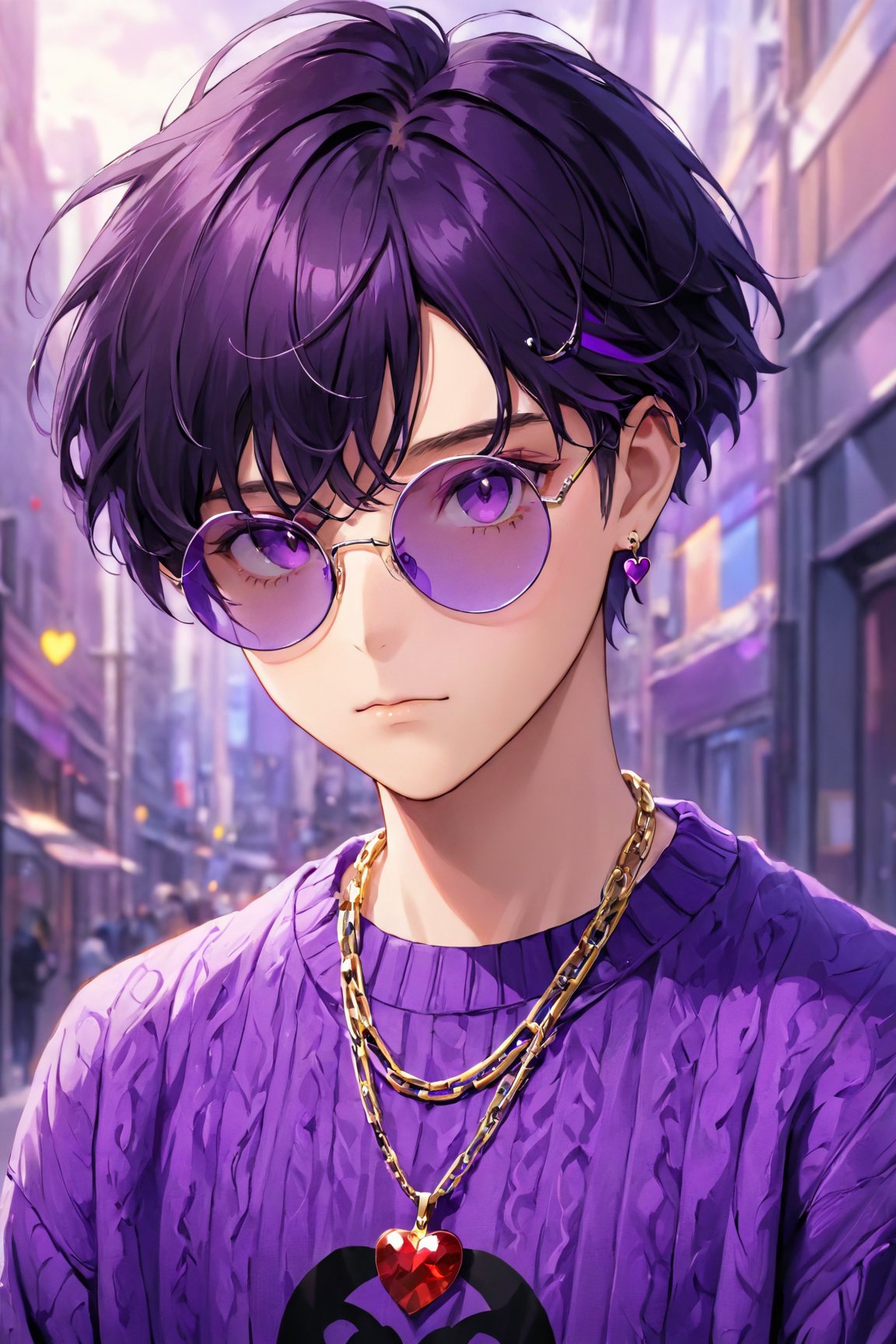 (best quality, 4k, 8k, highres, masterpiece:1.5), ultra-detailed,anime, solo,looking at viewer,short hair,bangs,shirt,black hair,1boy,jewelry,purple eyes,upper body,purple hair,male focus,heart,earrings,glasses,necklace,sweater,chain,sunglasses,round eyewear,print shirt,tinted eyewear,purple theme,chain necklace