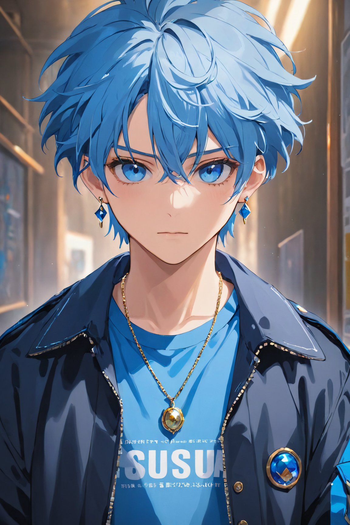 (best quality, 4k, 8k, highres, masterpiece:1.5), ultra-detailed,anime, solo,looking at viewer,short hair,blue eyes,shirt,1boy,jewelry,blue hair,jacket,upper body,male focus,earrings,necklace,character name,english text,blue shirt