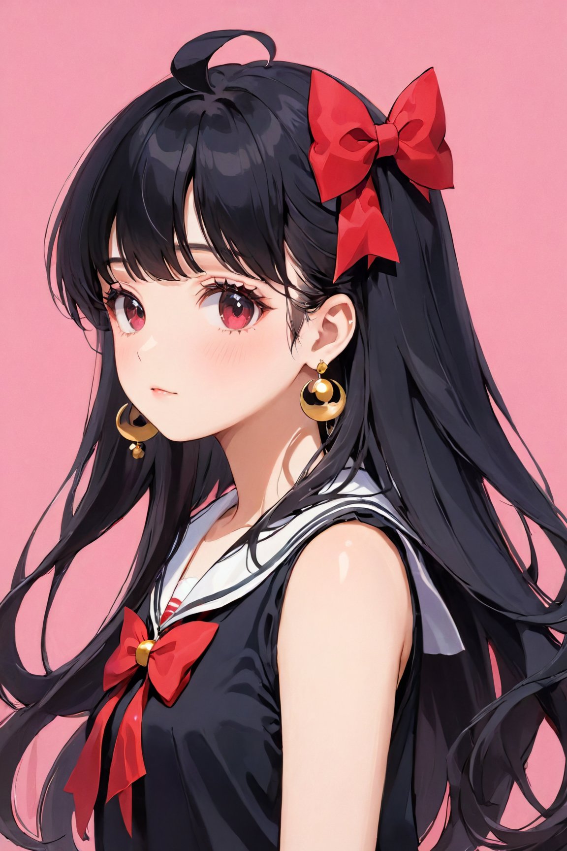 (best quality, 4k, 8k, highres, masterpiece:1.5), ultra-detailed,anime, 1girl,solo,long hair,looking at viewer,blush,bangs,shirt,black hair,bow,jewelry,very long hair,upper body,hair bow,earrings,sleeveless,sailor collar,red bow,black shirt,sleeveless shirt,bell,animal,cat,pink background,crescent,red background