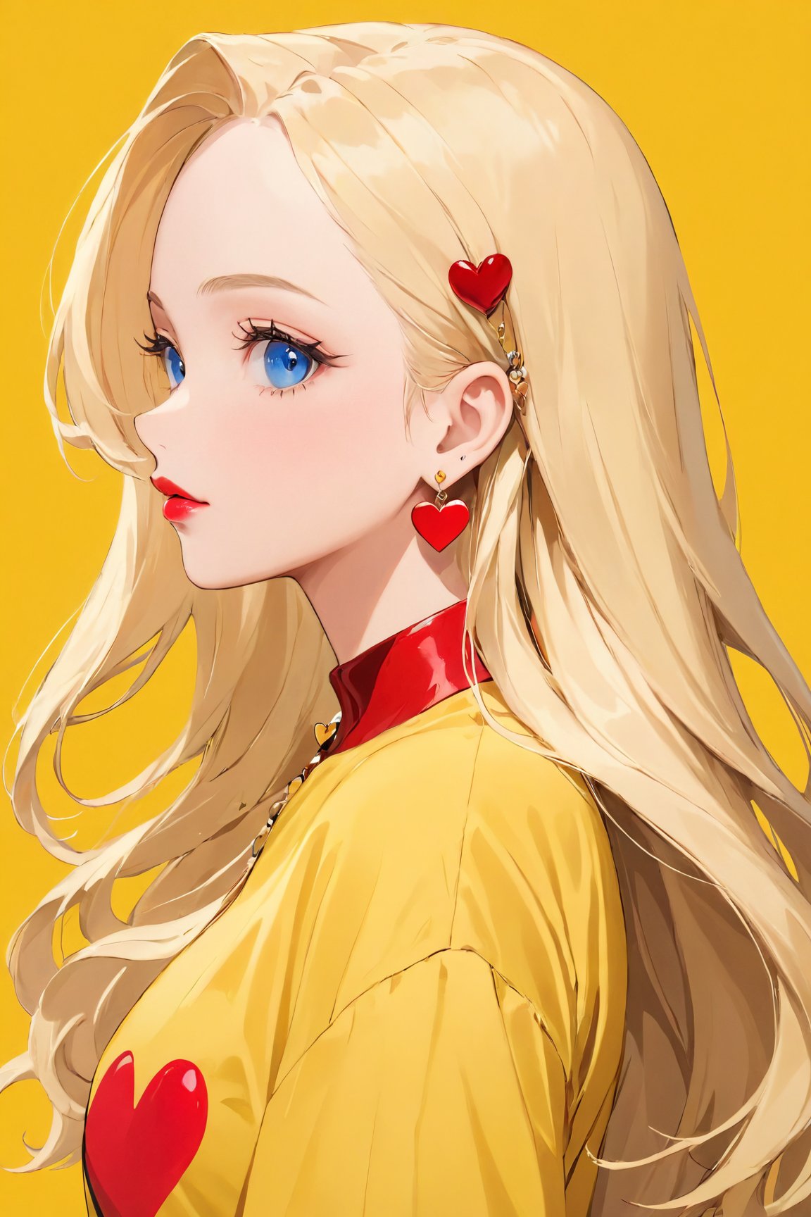 (best quality, 4k, 8k, highres, masterpiece:1.5), ultra-detailed,anime, 1girl,solo,long hair,looking at viewer,blue eyes,blonde hair,shirt,jewelry,upper body,heart,earrings,from side,lips,makeup,lipstick,yellow background,yellow shirt,red lips,heart earrings