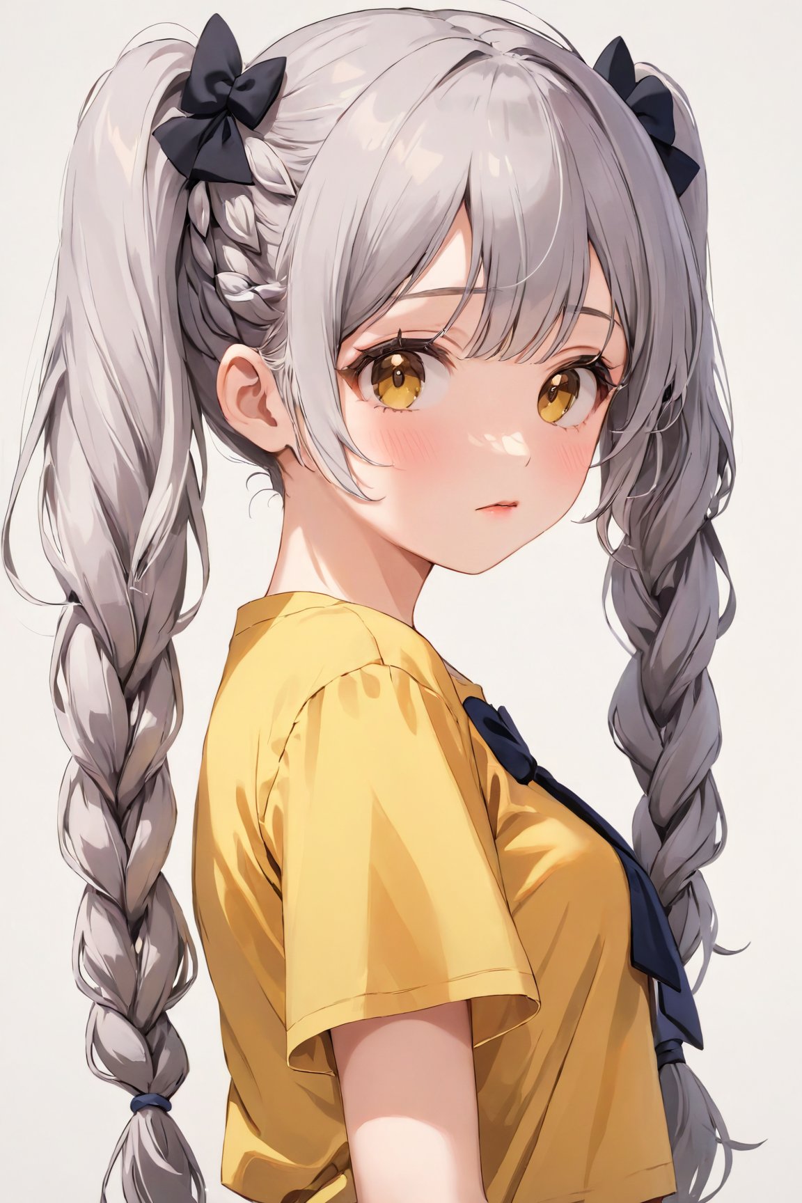 (best quality, 4k, 8k, highres, masterpiece:1.5), ultra-detailed,anime, 1girl,solo,long hair,looking at viewer,blush,bangs,shirt,bow,twintails,brown eyes,very long hair,upper body,braid,ahoge,short sleeves,hair bow,grey hair,parted lips,twin braids,low twintails,t-shirt,yellow shirt,hisakawa nagi