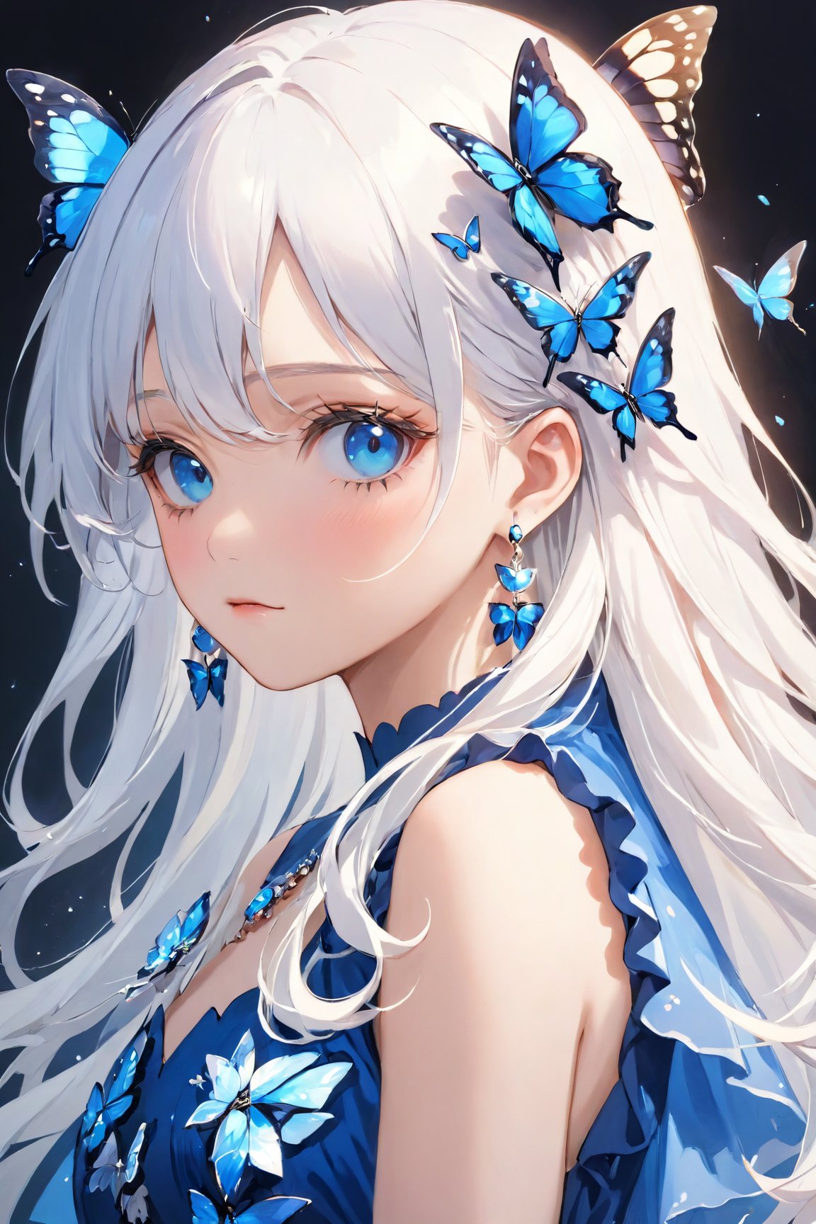 (best quality, 4k, 8k, highres, masterpiece:1.5), ultra-detailed,anime, 1girl,solo,long hair,looking at viewer,bangs,blue eyes,dress,jewelry,upper body,white hair,earrings,blue dress,expressionless,bug,butterfly,blue butterfly