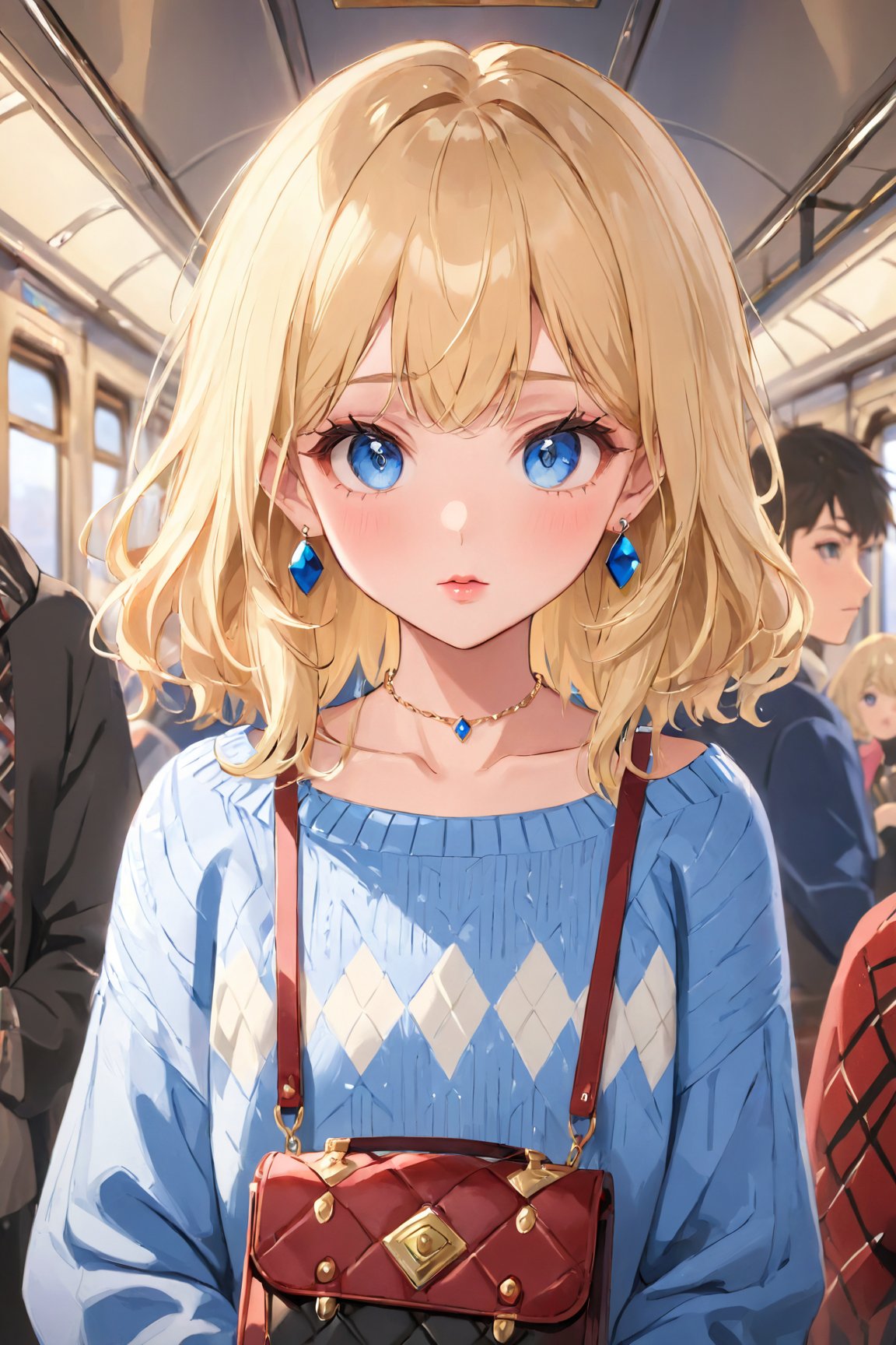 (best quality, 4k, 8k, highres, masterpiece:1.5), ultra-detailed,anime, 1girl,looking at viewer,blush,bangs,blue eyes,blonde hair,jewelry,collarbone,upper body,earrings,parted lips,multiple boys,solo focus,medium hair,necklace,bag,sweater,train interior,argyle sweater