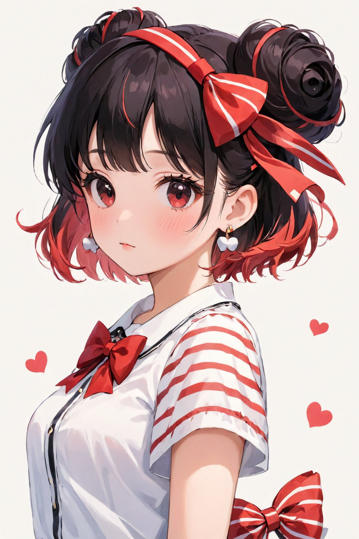(best quality, 4k, 8k, highres, masterpiece:1.5), ultra-detailed,anime, 1girl,solo,looking at viewer,blush,short hair,bangs,shirt,black hair,white background,bow,jewelry,white shirt,upper body,short sleeves,hair bow,hairband,earrings,striped,hair bun,black eyes,red bow,swept bangs,blush stickers,wristband,striped shirt,arms at sides,dot nose,red hairband,bow hairband,kiki (majo no takkyuubin)