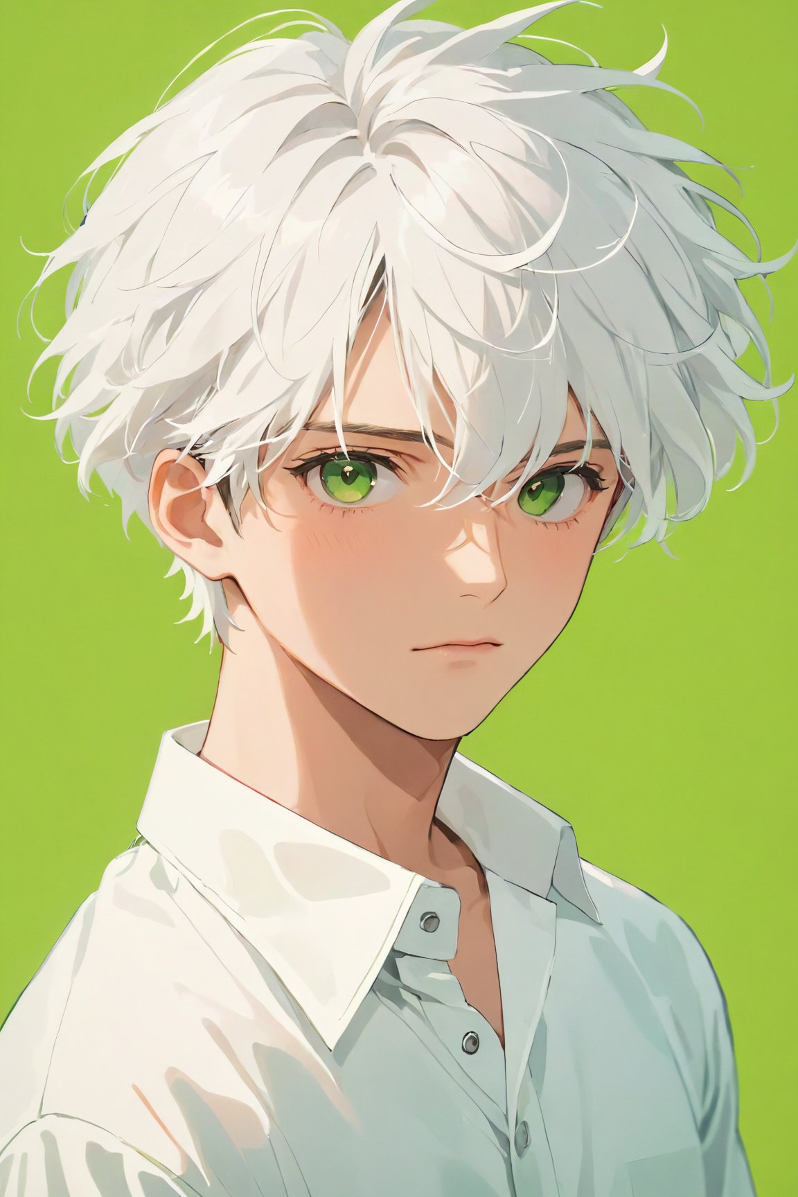 (best quality, 4k, 8k, highres, masterpiece:1.5), ultra-detailed,anime, solo,looking at viewer,short hair,shirt,1boy,green eyes,white shirt,upper body,white hair,male focus,collared shirt,portrait,green background