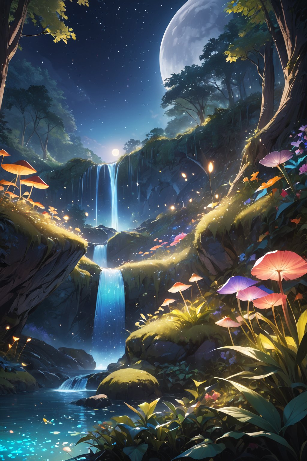 score_9, score_8_up, score_7_up, score_6_up, 
Magic Forest, No one's background, Night sky, moon, fireflies, waterfalls, magic elves, 
(Masterpiece, Best Quality, 8k:1.2), (Ultra-Detailed, Highres, Extremely Detailed, Absurdres, Incredibly Absurdres, Huge Filesize:1.1), (Photorealistic:1.3), By Futurevolab, Portrait, Ultra-Realistic Illustration, Digital Painting. ,Strong Backlit Particles