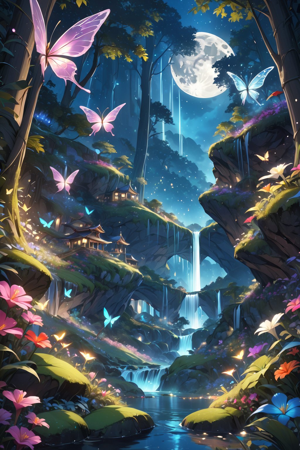 score_9, score_8_up, score_7_up, score_6_up, 
1 girl, beautiful elf girl, elf wings, Magic Forest, Night sky, moon, fireflies, waterfalls, magic elves, 
(Masterpiece, Best Quality, 8k:1.2), (Ultra-Detailed, Highres, Extremely Detailed, Absurdres, Incredibly Absurdres, Huge Filesize:1.1), (Photorealistic:1.3), By Futurevolab, Portrait, Ultra-Realistic Illustration, Digital Painting. ,Strong Backlit Particles,Butterfly Style