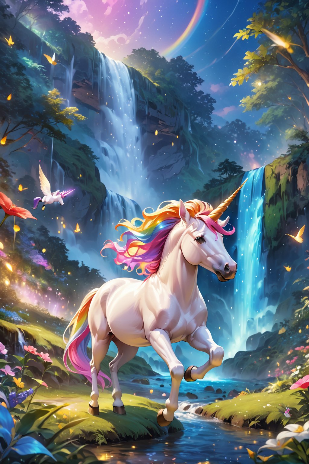 score_9, score_8_up, score_7_up, score_6_up, 
Unicorn, Rainbow Unicorn, Magic Forest, Night sky, moon, fireflies, waterfalls,
(Masterpiece, Best Quality, 8k:1.2), (Ultra-Detailed, Highres, Extremely Detailed, Absurdres, Incredibly Absurdres, Huge Filesize:1.1), (Photorealistic:1.3), By Futurevolab, Portrait, Ultra-Realistic Illustration, Digital Painting. 