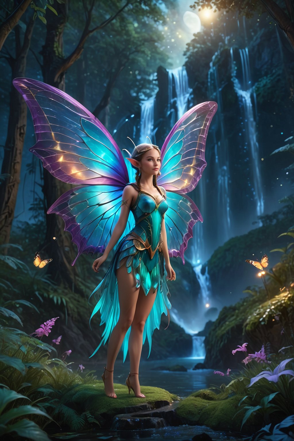 score_9, score_8_up, score_7_up, score_6_up, 
1 girl, beautiful elf girl, elf wings, Magic Forest, Night sky, moon, fireflies, waterfalls, magic elves, 
(Masterpiece, Best Quality, 8k:1.2), (Ultra-Detailed, Highres, Extremely Detailed, Absurdres, Incredibly Absurdres, Huge Filesize:1.1), (Photorealistic:1.3), By Futurevolab, Portrait, Ultra-Realistic Illustration, Digital Painting. ,Strong Backlit Particles,Butterfly Style