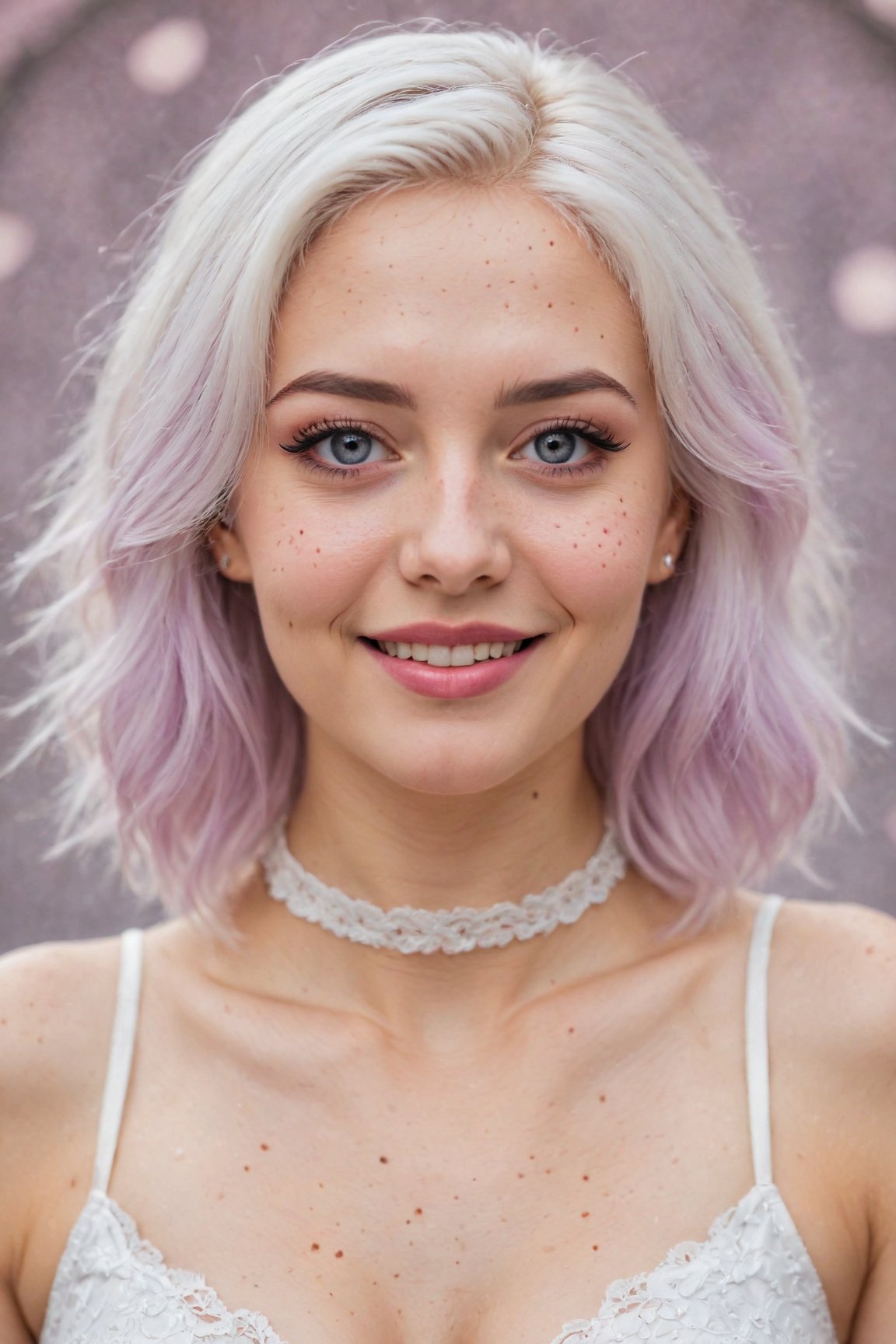 (best quality,8K,highres,masterpiece), ultra-detailed, (realistic portrait), 1girl, heart-shaped pupils, white hair, purple eyes, (blush:1.1), choker, upper body, trembling, sweat, sweatdrop, heart, (medium breasts:0.6), love, heart, crop top, happy, smile, lace, bokeh, (freckles:0.8), natural skin texture, portrait