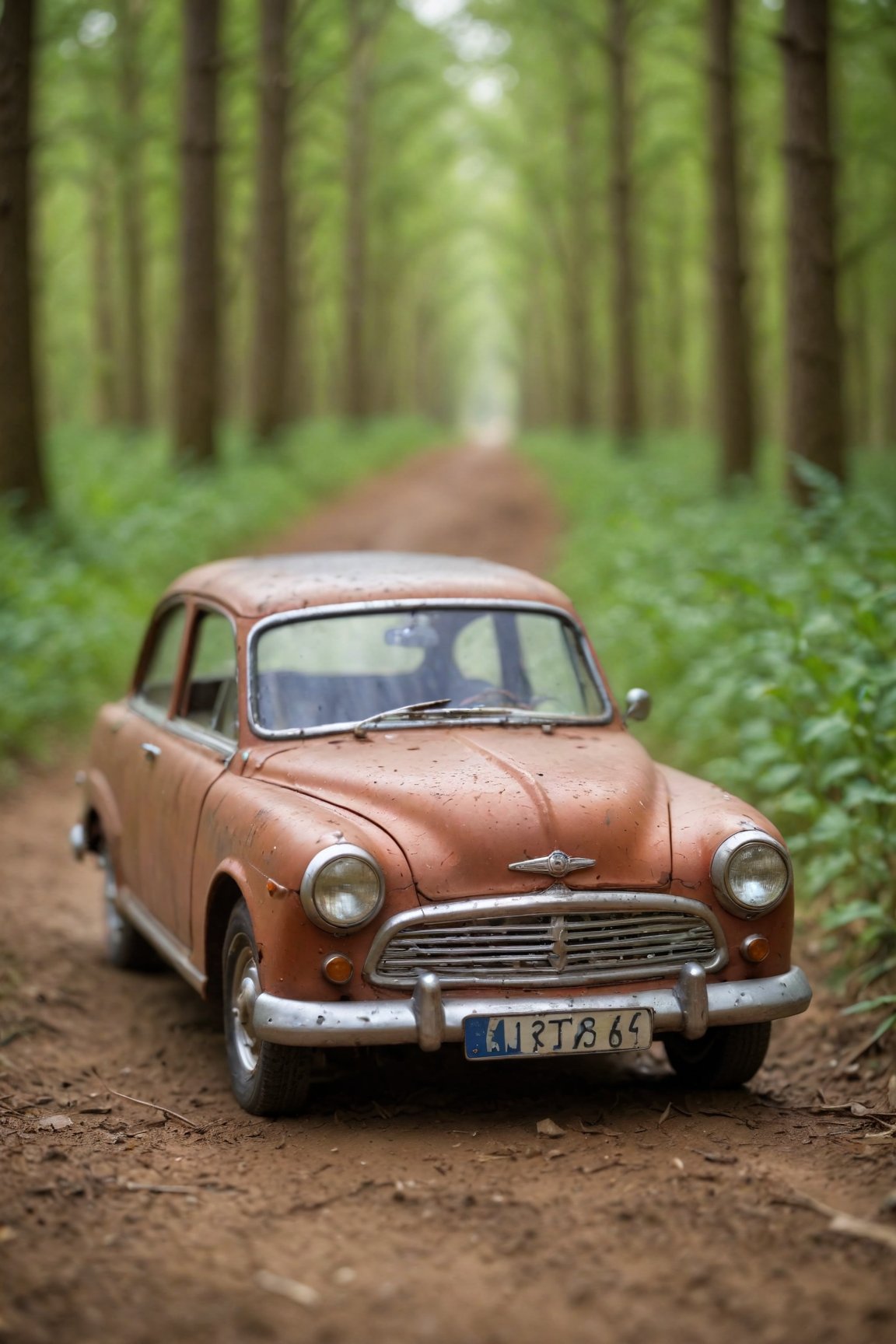 (best quality,8K,highres,masterpiece), an extraordinary macro shot capturing a tiny retro auto on slightly muddy ground. The scene is bathed in a fresh morning atmosphere, with soft bokeh creating a mesmerizing background. The close-up perspective highlights every intricate detail of the vintage vehicle, from its weathered exterior to its tiny wheels. The amazing depth of field draws the viewer's eye, immersing them in the scene and evoking a sense of wonder. This artwork transports the audience to a nostalgic yet vibrant setting, where the beauty of the mundane is captured in stunning detail.