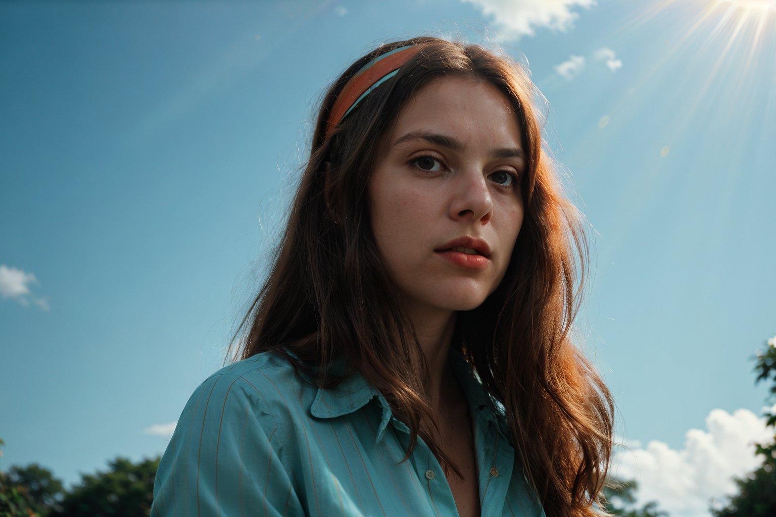 (realistic cinematic) portrait of a 70s casual dress beautiful italian women long hair, expressionless, headband, 70s hairstyle, 70s fashion, striped shirt, sun rays, light teal and amber, soft hues, Cinestill 50D