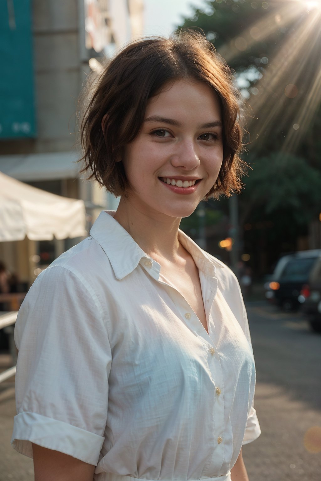 (realistic cinematic) portrait at nightlife of a 70s casual dress beautiful women 20 years old short hairstyles, smile expressionless, , 70s hairstyle, 70s fashion, white shirt, sun rays, light teal and amber, soft hues, Cinestill 50D