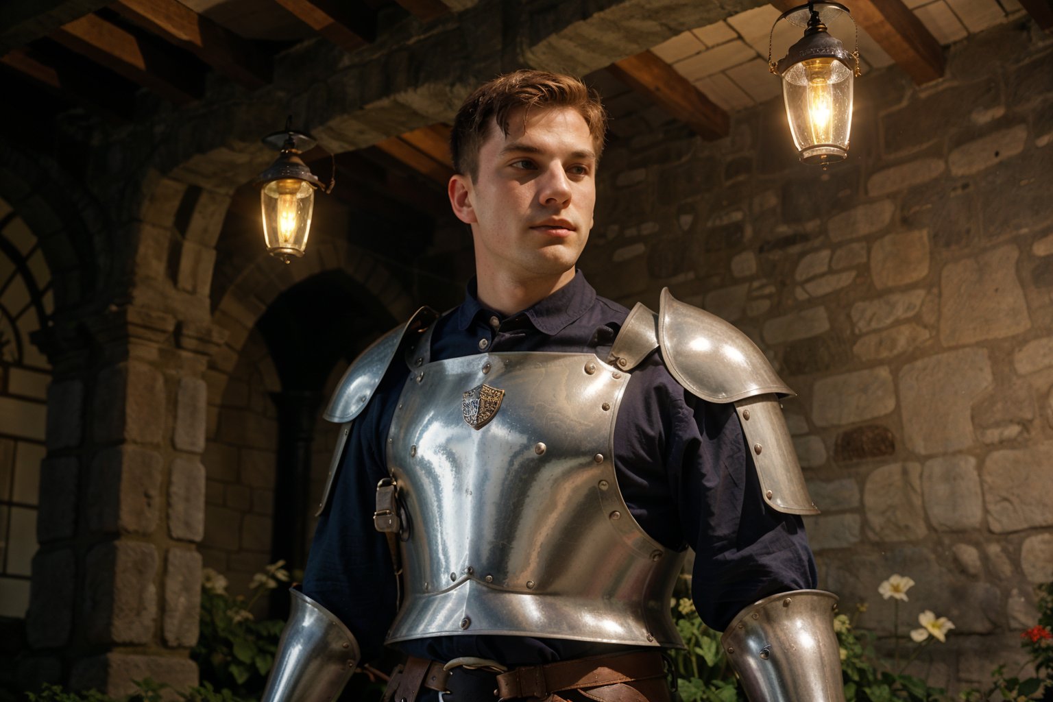 20 year old buff boy. gothic vibe. wears (steel knight medieval armour). location is (Medieval castle garden), ceiling long lamp lights. frontal flash light, 35mm, cinematic still. portra velvia provia