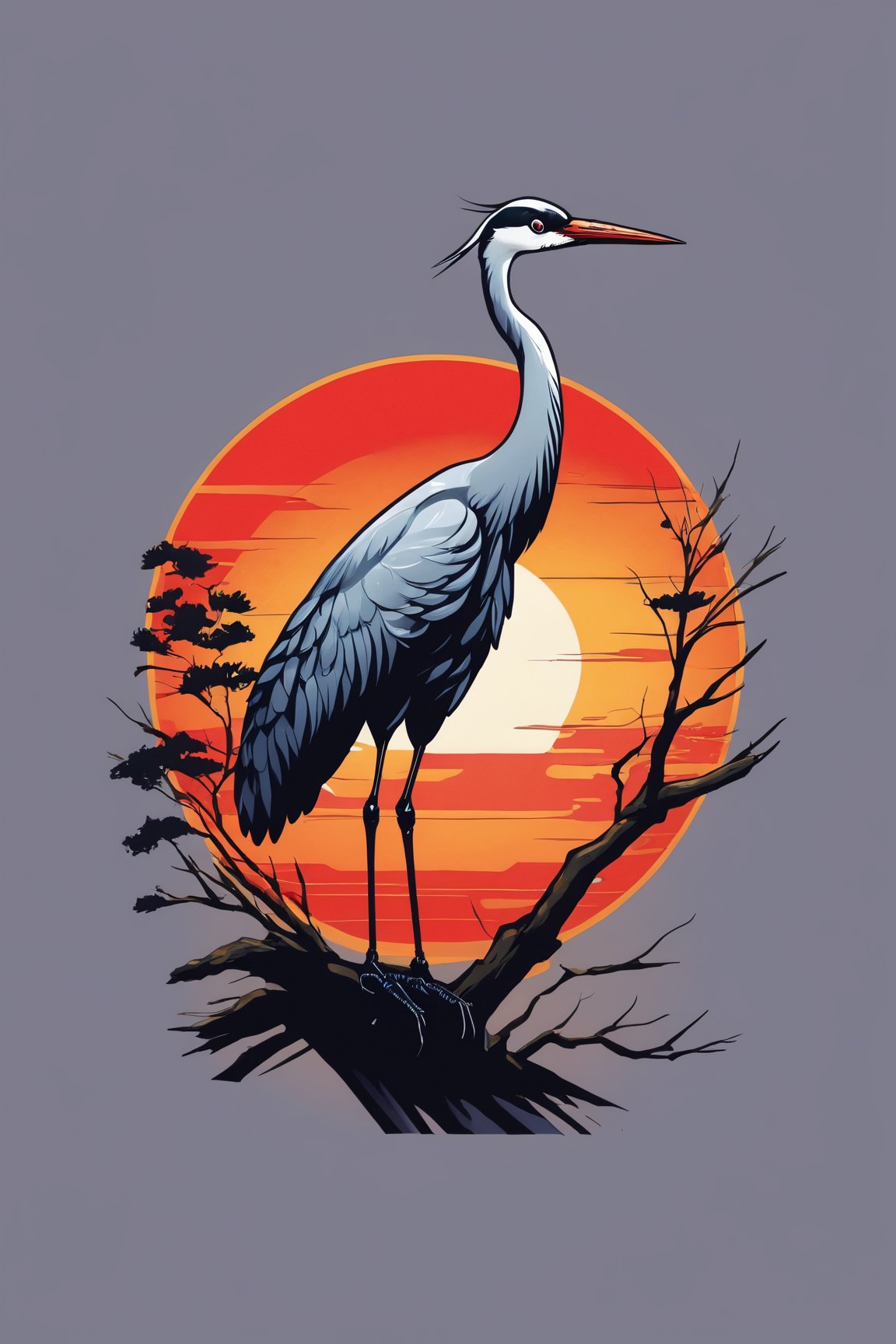 (best quality, 4k, 8k, highres, masterpiece:1.2), ultra-detailed,T-shirt design,illustration, a painting of a crane standing on a branch with a red sun in the background