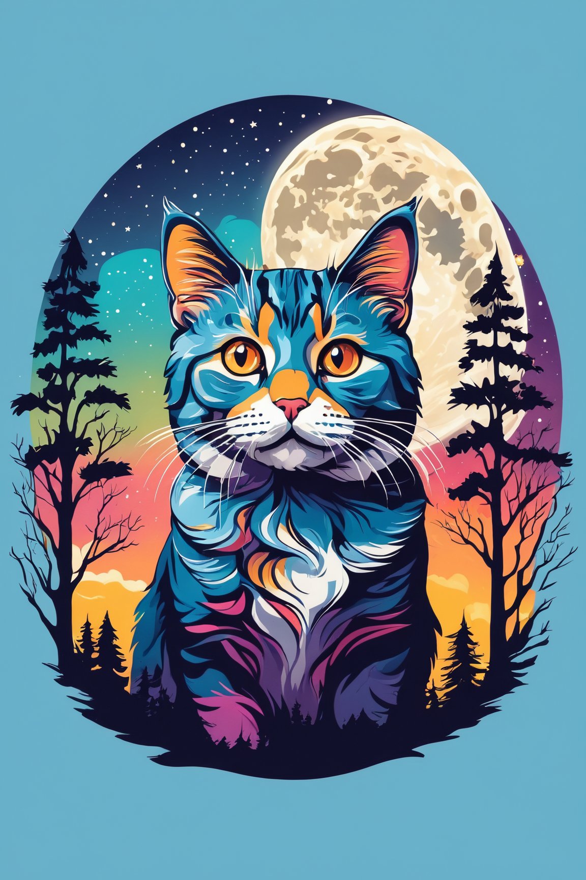 (best quality, 4k, 8k, highres, masterpiece:1.2), ultra-detailed,T-shirt design,illustration, a cat with a colorful sky background and trees in the background, with a full moon