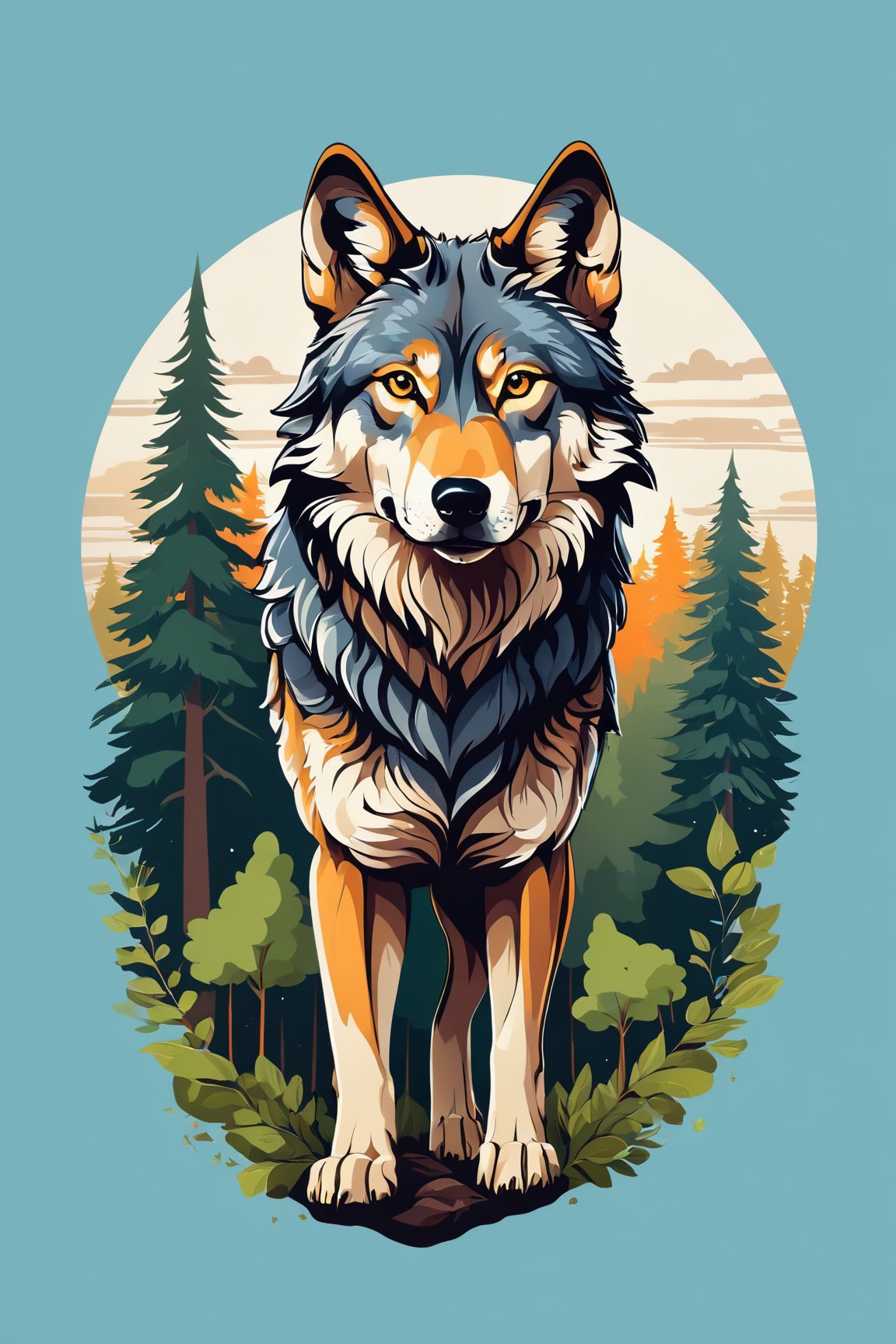 (best quality, 4k, 8k, highres, masterpiece:1.2), ultra-detailed,T-shirt design,illustration, a wolf standing in the middle of a forest with trees in the background and a sky in the background