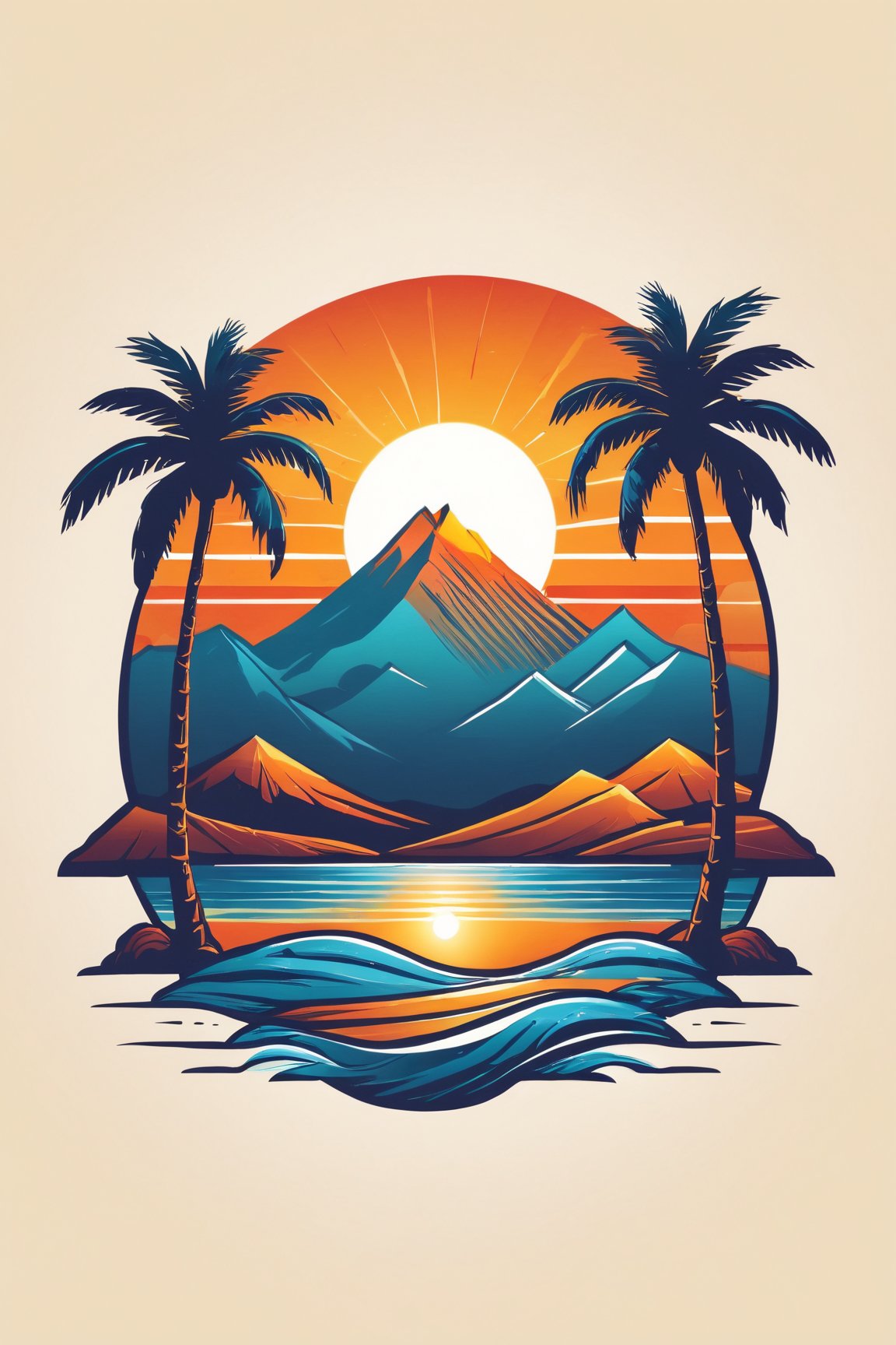 (best quality, 4k, 8k, highres, masterpiece:1.2), ultra-detailed,T-shirt design,illustration, a sunset scene with palm trees and mountains in the background of a sunset sky and water,vector illustration,white background