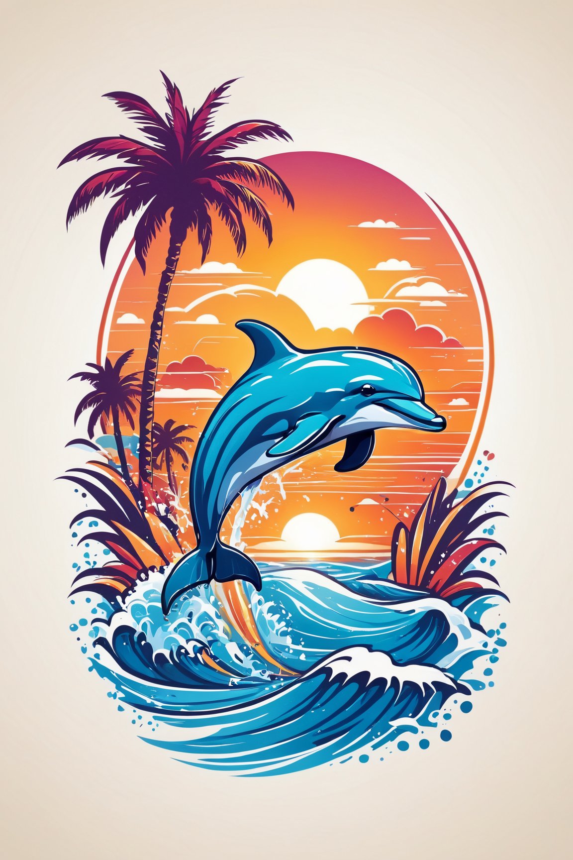 (best quality, 4k, 8k, highres, masterpiece:1.2), ultra-detailed,T-shirt design,illustration, a dolphin jumping out of the water with a sunset in the background and a palm tree,white background