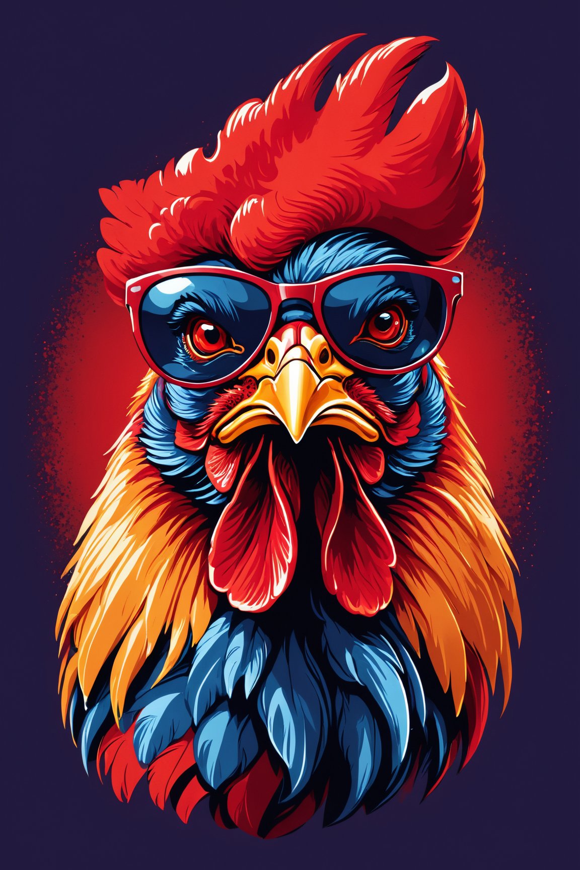 (best quality, 4k, 8k, highres, masterpiece:1.2), ultra-detailed,T-shirt design,illustration, a rooster wearing sunglasses and a red hat with a red beak and a red beak