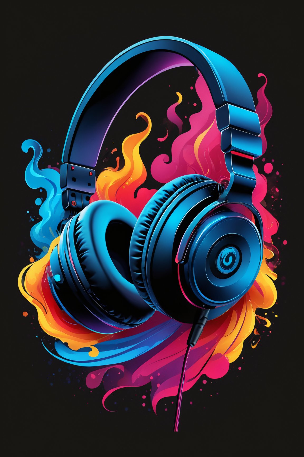 (best quality, 4k, 8k, highres, masterpiece:1.2), ultra-detailed,T-shirt design,illustration, vector illustration, a pair of headphones with colorful smoke in the background and a black background with a red and blue swirl