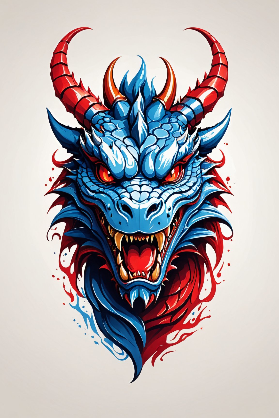 (best quality, 4k, 8k, highres, masterpiece:1.2), ultra-detailed,T-shirt design,illustration, a dragon with a red and blue face and horns on it's head and a red and blue face,vector illustration,white background
