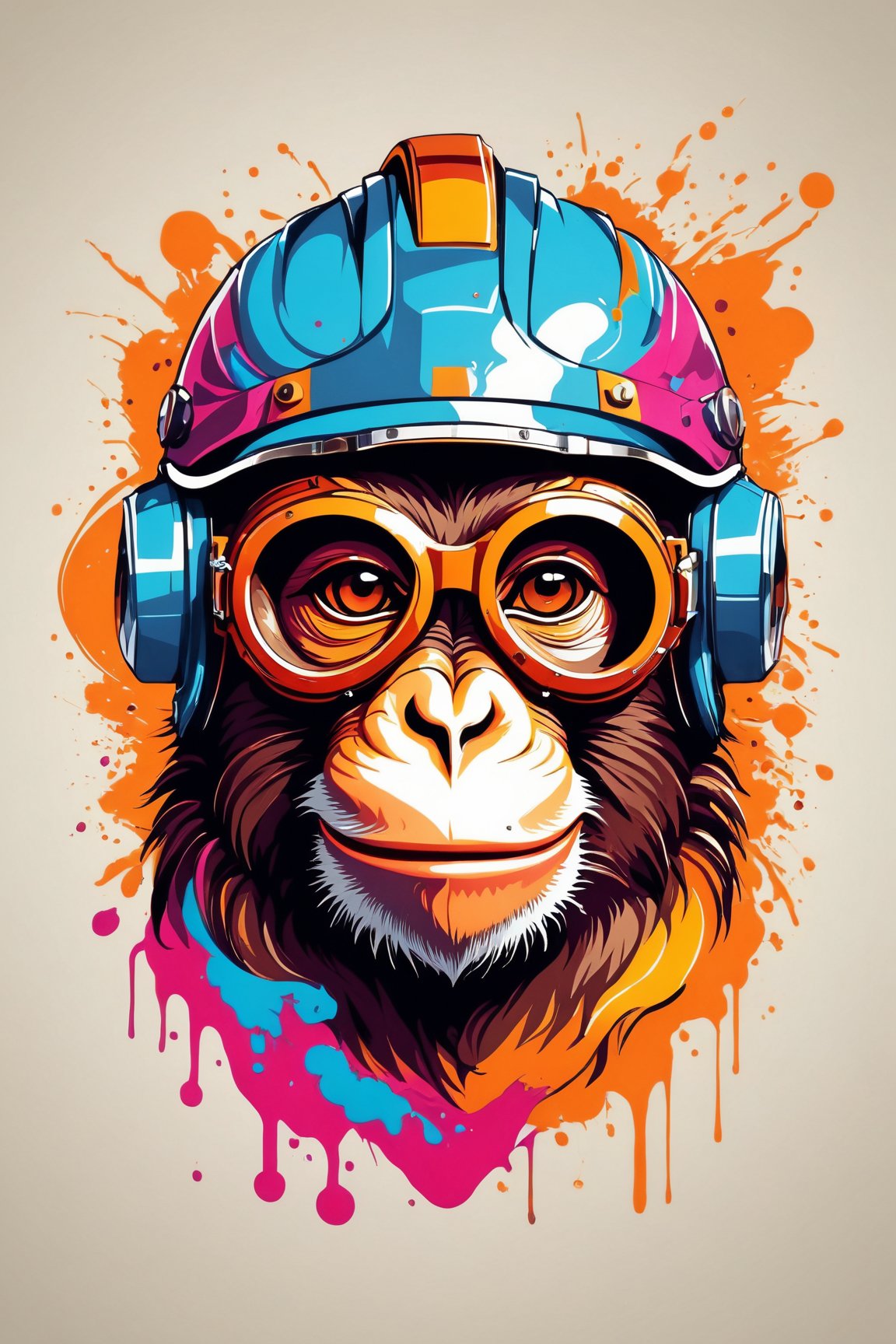 (best quality, 4k, 8k, highres, masterpiece:1.2), ultra-detailed,T-shirt design,illustration, a monkey wearing a helmet and goggles with paint splatters on it's face