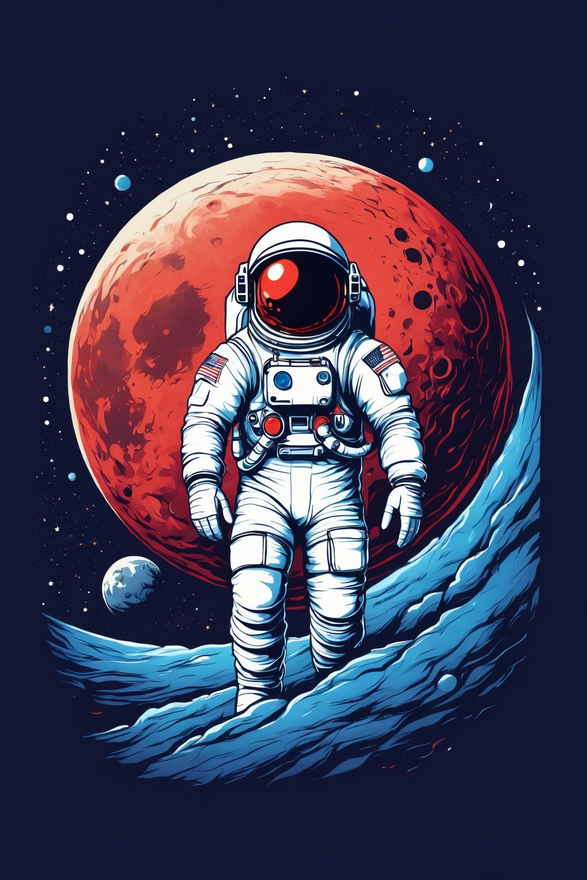 (best quality, 4k, 8k, highres, masterpiece:1.2), ultra-detailed,T-shirt design,illustration, an astronaut standing in front of a planet with a red sky and a blue moon