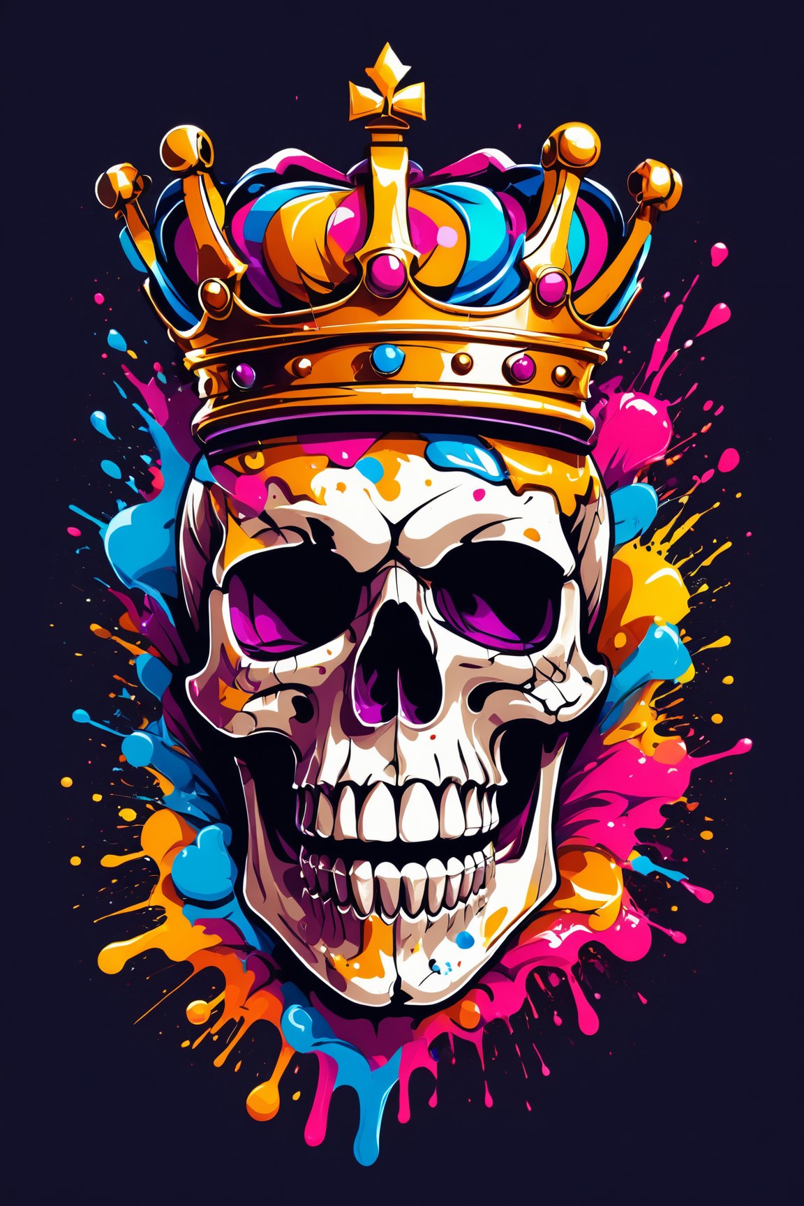 (best quality, 4k, 8k, highres, masterpiece:1.2), ultra-detailed,T-shirt design,illustration, a skull with a crown on its head and a colorful splash paint splatter