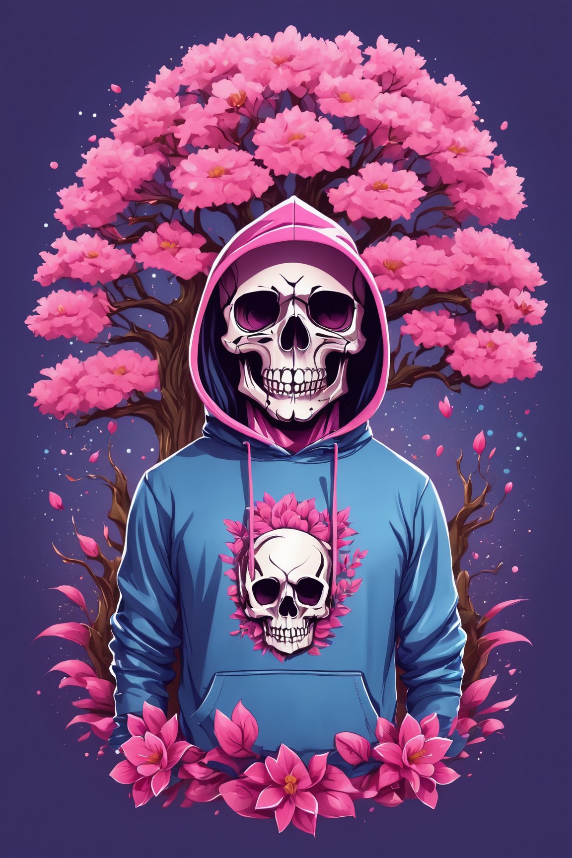 (best quality, 4k, 8k, highres, masterpiece:1.2), ultra-detailed,T-shirt design,illustration, a skull in a hoodie with a tree in the background and a pink flower