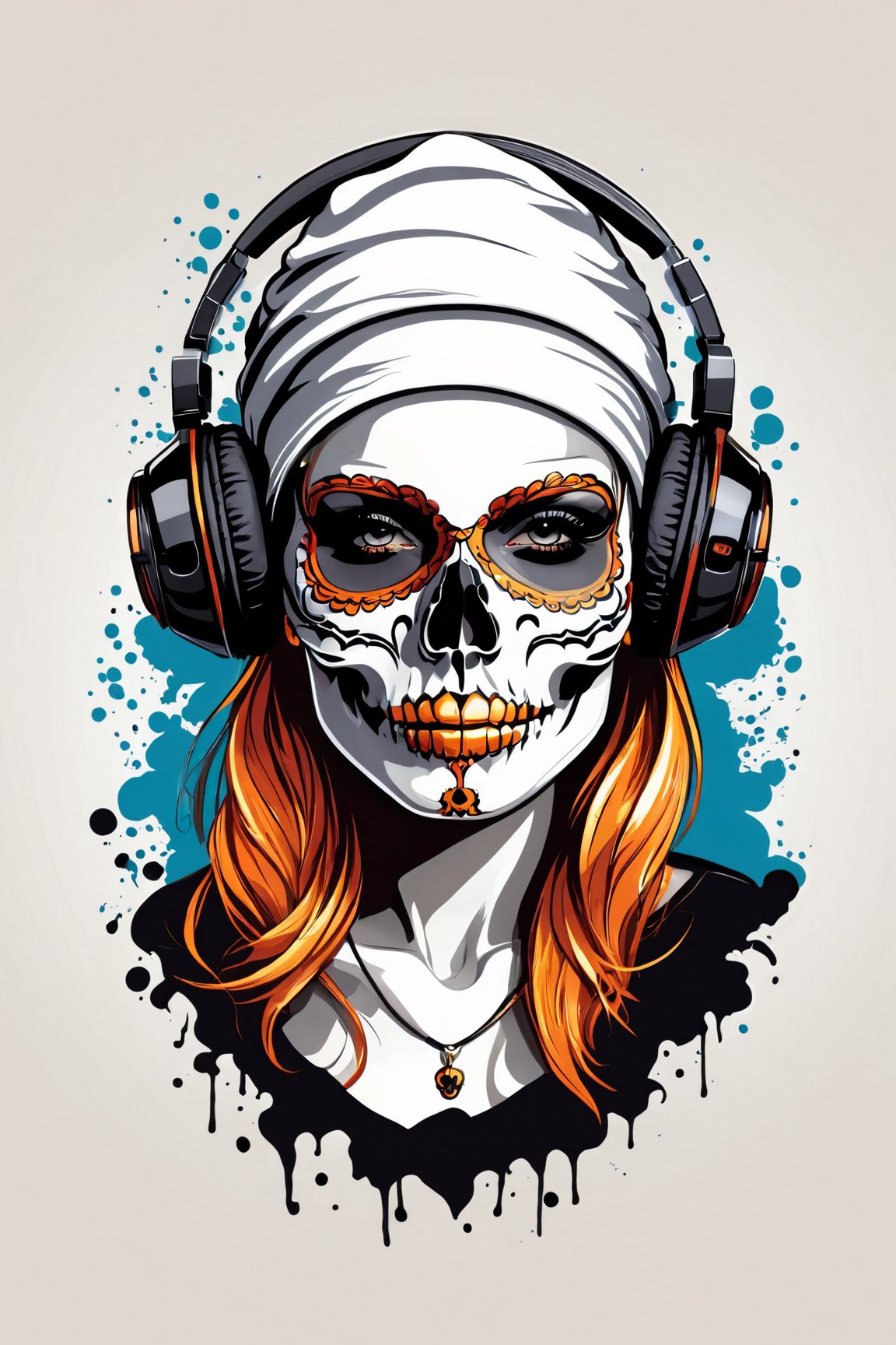 (best quality, 4k, 8k, highres, masterpiece:1.2), ultra-detailed,T-shirt design,illustration, a woman with a skull makeup and headphones on her head is wearing a cap,vector illustration,white background